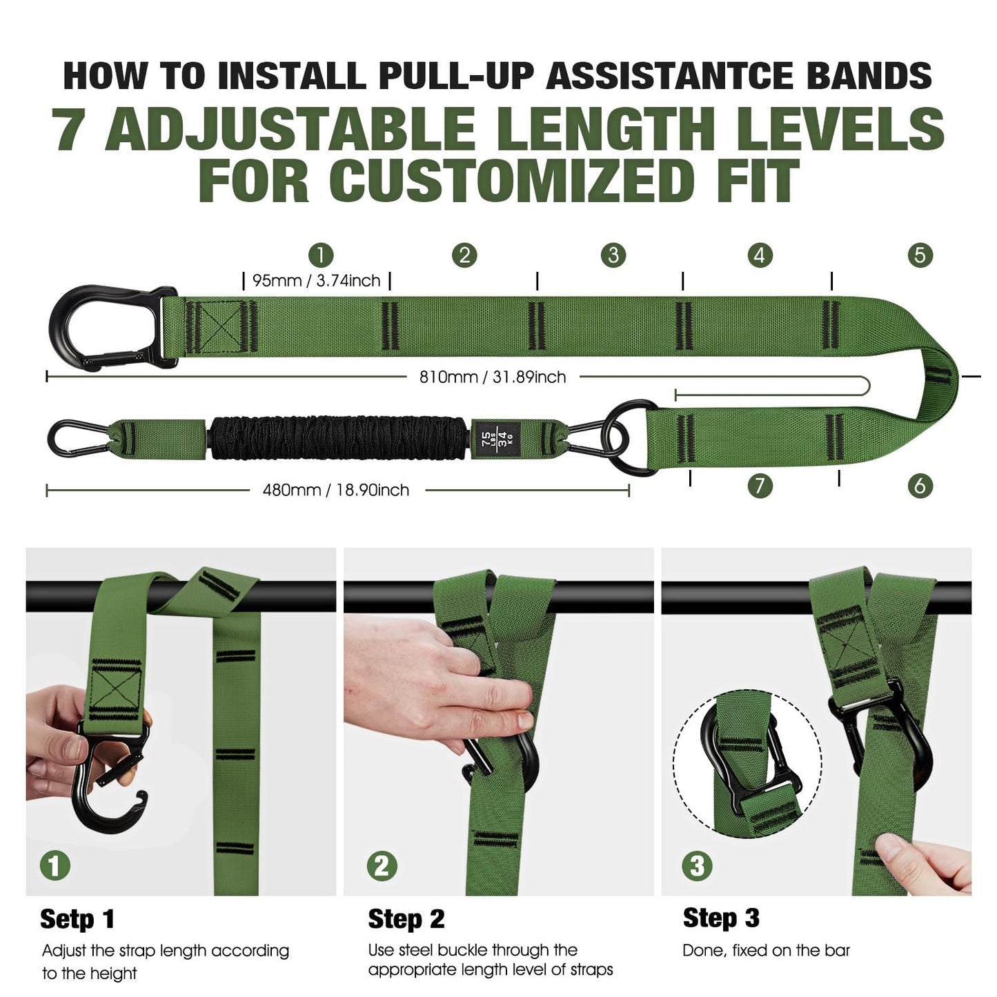 KUTIZE Pull Up Assistance Bands, 3 Adjustable Heavy Duty Pull Up Assist System with Comfortable Foot Strap, Professional Pull Up Bar Bands for Beginners & Muscle Training, Home Gym Workout Equipment