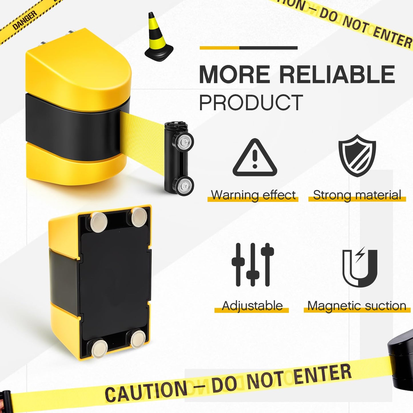 Barydat 4 Pcs 16.4 ft Magnetic Retractable Wall Mount Barrier, Crowd Control Safety Belt with ABS Case for Grocery Retail Store Stadium (Caution Do Not Enter,Yellow)