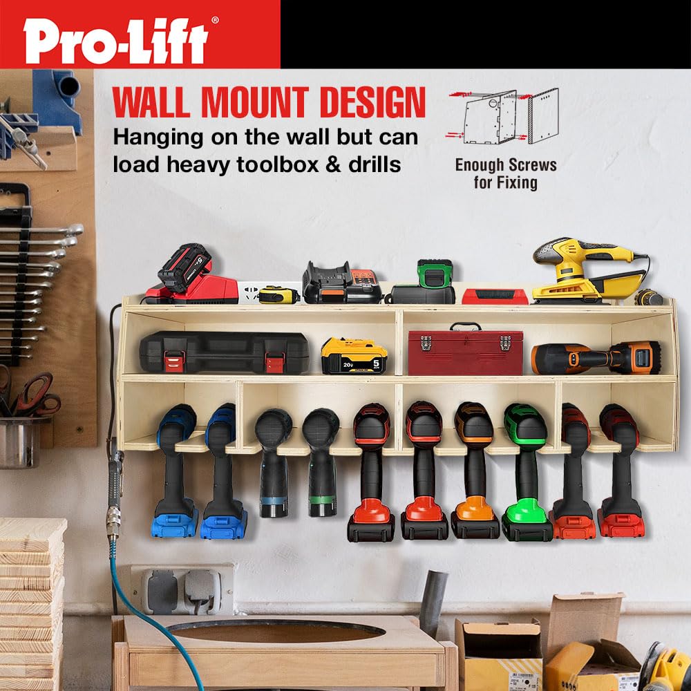 Pro Lift Cordless Drill Organizer – wall mount power tool storage rack, 10 hanging slots, wooden M-005W