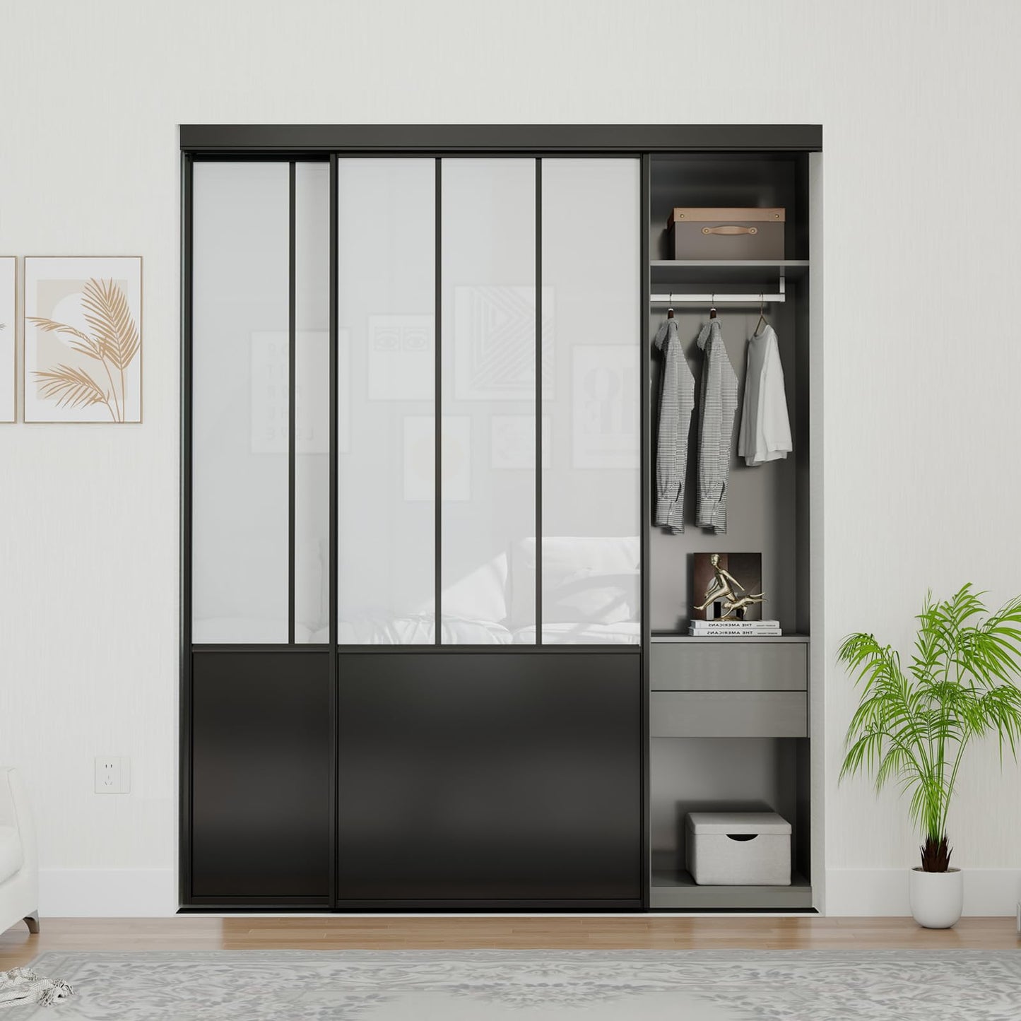 JUBEST Sliding Closet Door 72 x 80", Black Farmhouse Sliding Door with Top & Bottom Track Kits, Preassembled Frosted Glass Bypass Closet Door, Easy to Install