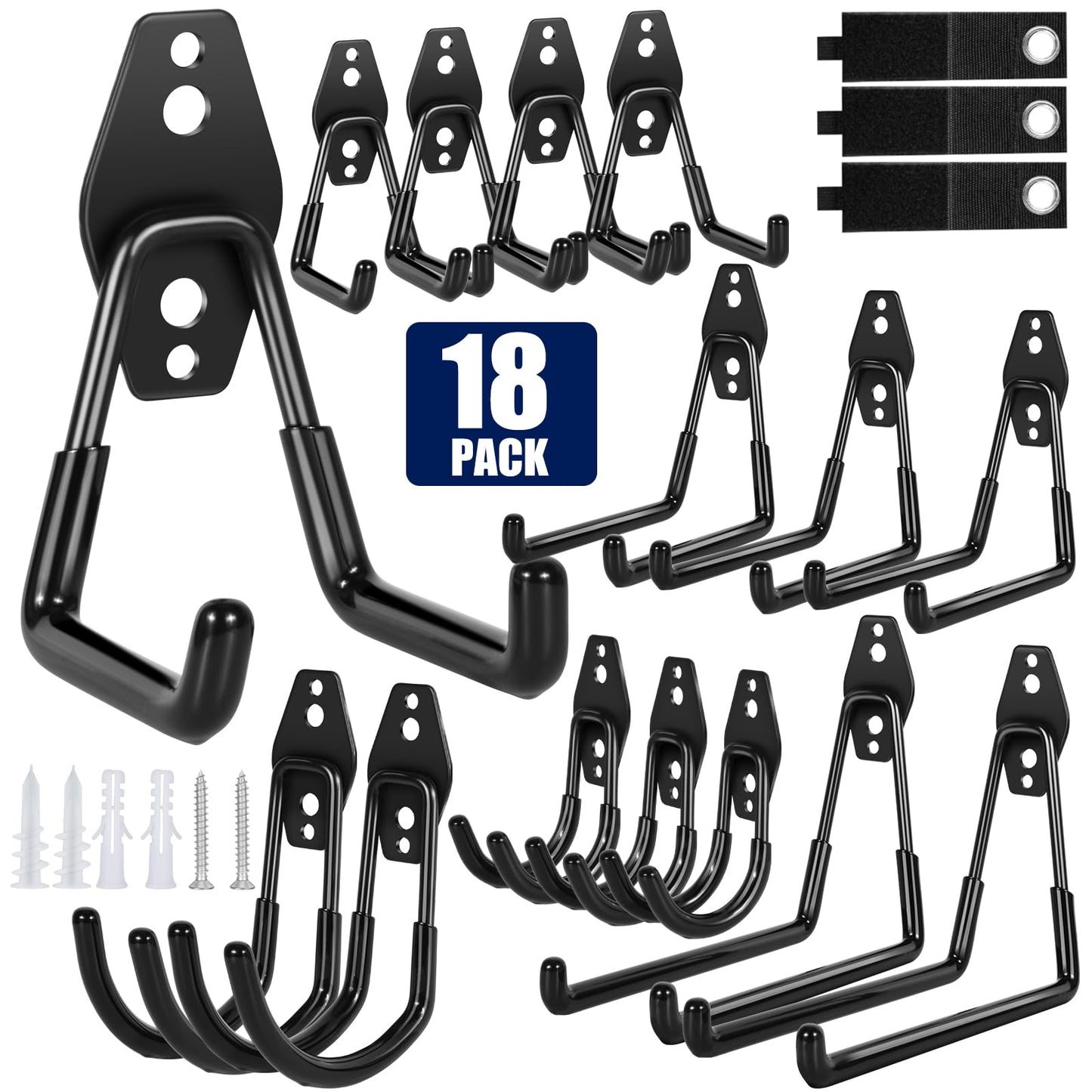 PVZZRKL 18 Pack Garage Hooks, Anti-Slip Coating, Hooks for Hanging Heavy Duty for Garages, Bicycles, Ladders, Gardening, Tools, Including 3 Organizing Straps