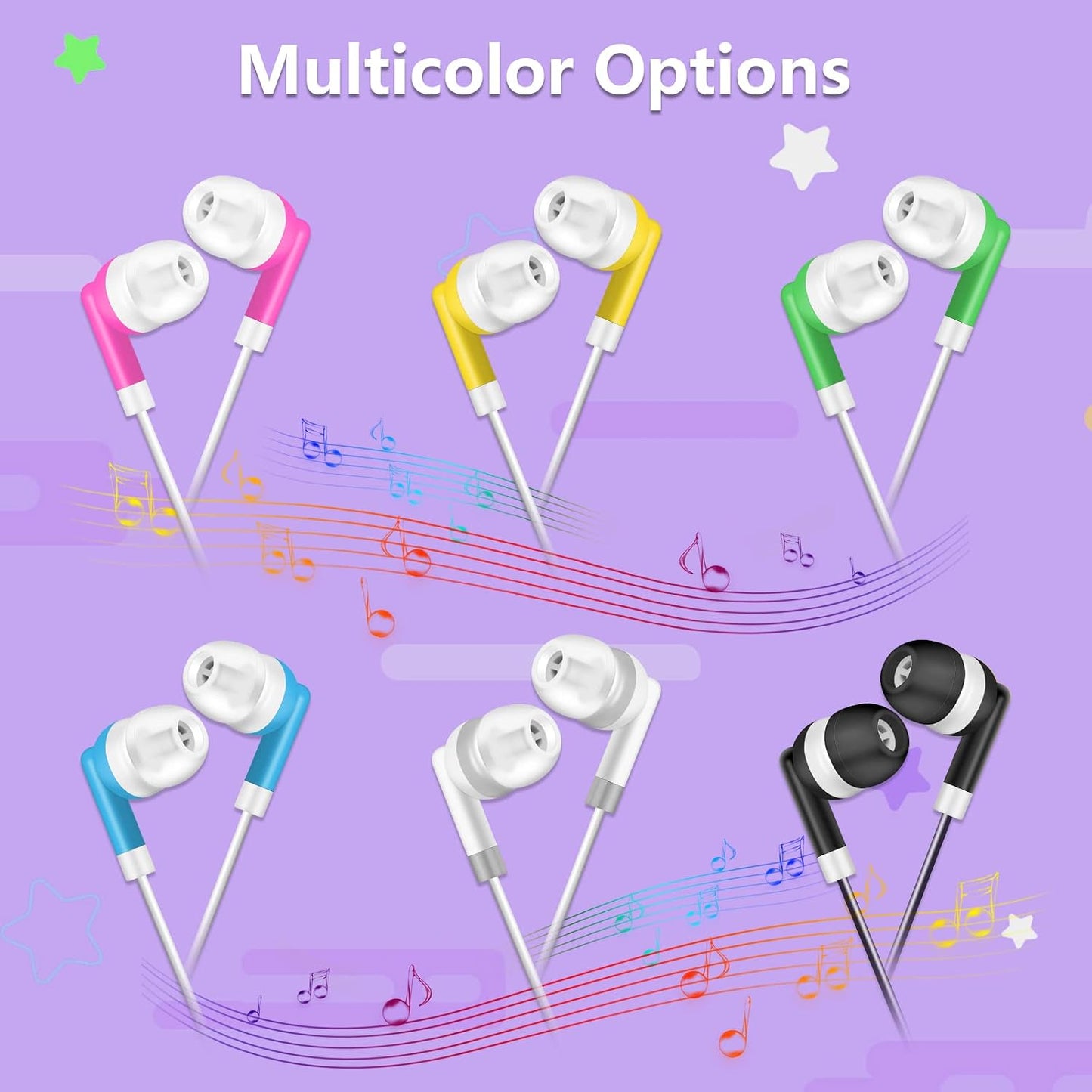 50 Pack (6 Kids Bulk Earbuds Headphones Multi Colored Wholesale Wired Earphones Perfect for School Classroom Libraries