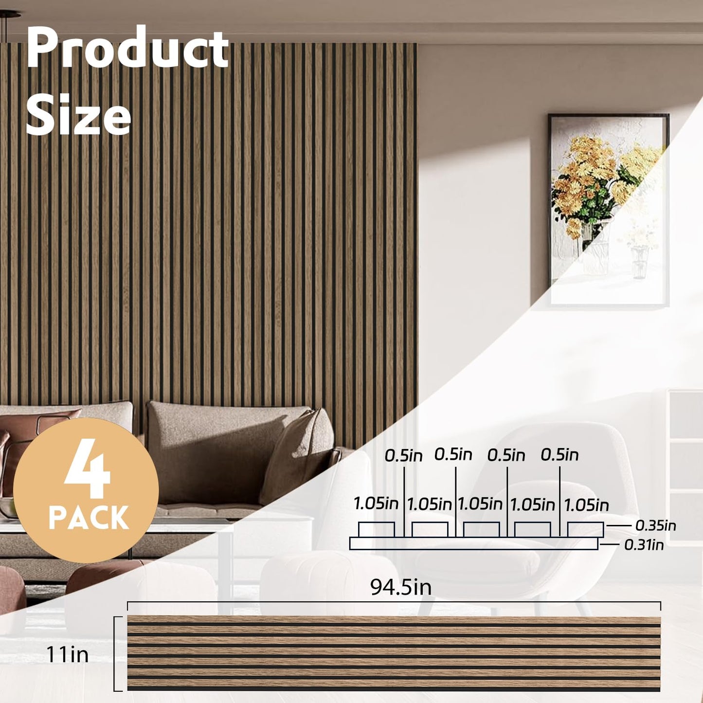 RITOLLO 4-Piece Wood Slat Panels for Wall 94.5"×11" Acoustic Panels for Interior Wall Decor 3D Fluted Sound Absorbing Panel - Natural Walnut