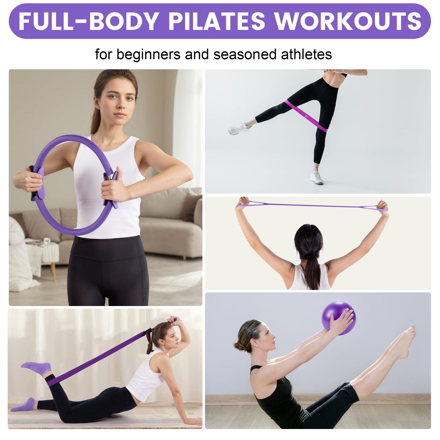 14" Pilates Ring Circle Fitness Set of 17 Equipment Accessories Workouts Includes Pilates Ball Magic Circle Yoga Ring Knee Pads and Resistance Bands for Women Set Gift for Women Weight Loss (Purple)