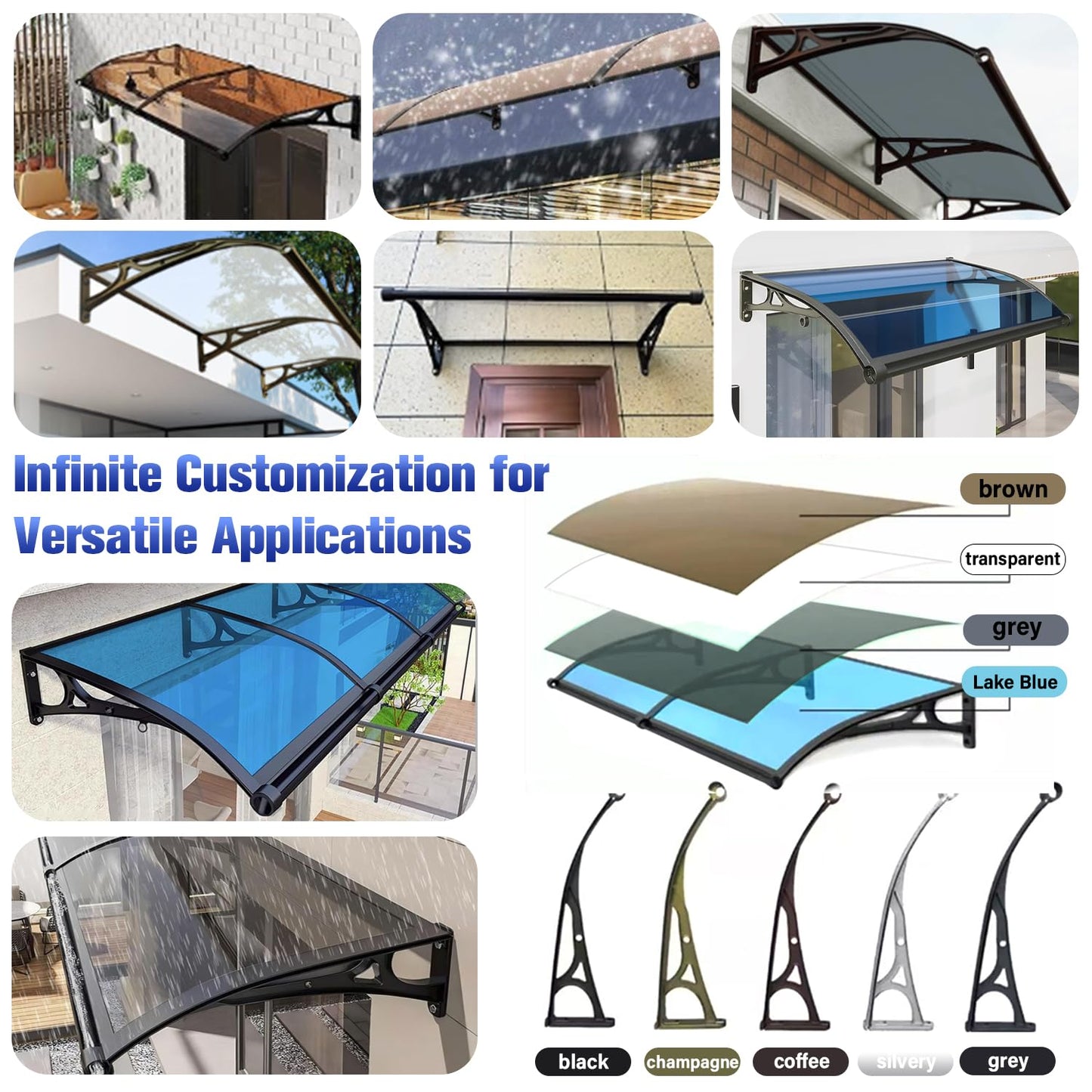 Awning for Door Entrance, Aluminum Window Awnings Exterior for Doors Canopy, Polycarbonate Cover Outdoor Front Doors UV/Rain/Snow Protection, Easy to Install, Gray Board (24x48in)