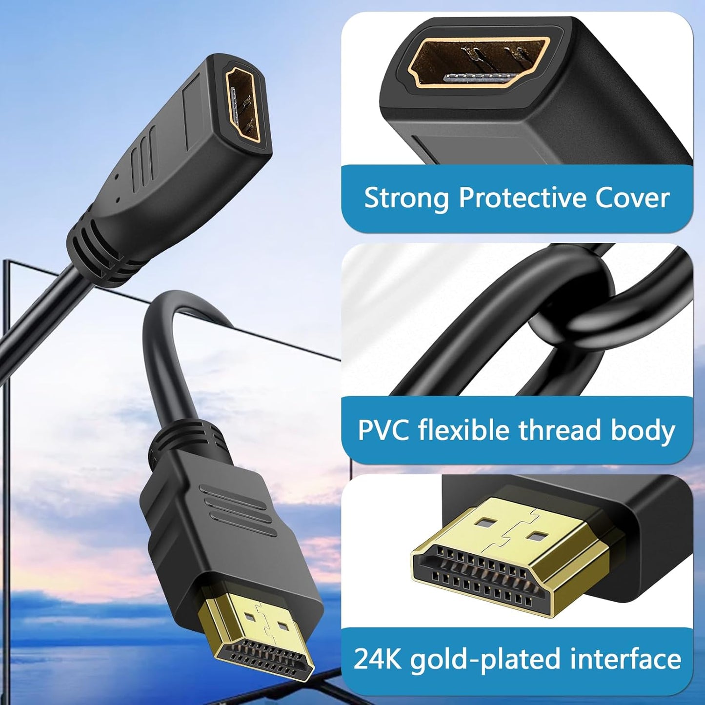 SAISN 6 2 Pack HDMI Extender Cable Feet, HDMI Adapter Cables for HDTV, Monitor, PC, Laptop, Projector