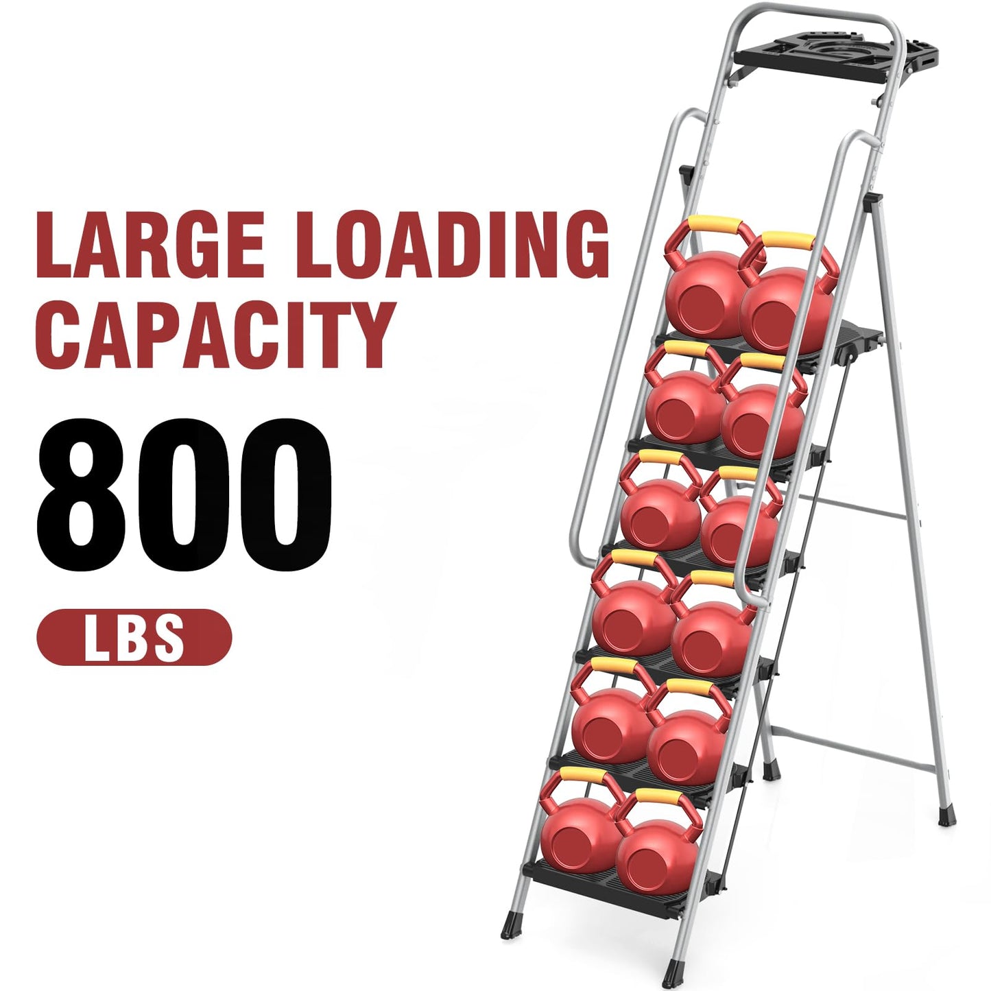 6 Step Foldable Step Ladder Stool with Roomy Tool Tray and Secure Handrail, Foldable Platform Ladder 6 Step Folding Stepstools with Wide Pedals and 800lbs Weight Capacity for Adults, Home, Kitchen