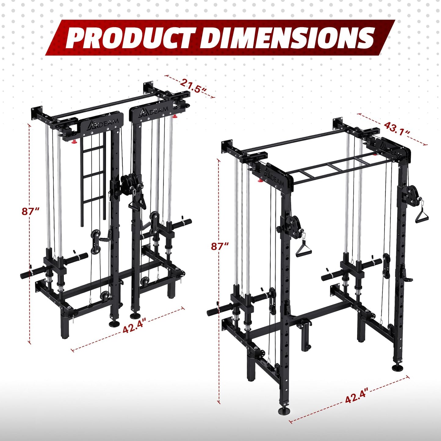 Folding Squat Rack, Wall Mounted Power Rack with Cable Crossover Machine & LAT Pull Down Multi-Function Space-Saving Power Cage with 7 Adjustable Modes/Dual Pulley System/Pull-up Bar/360°Landmine