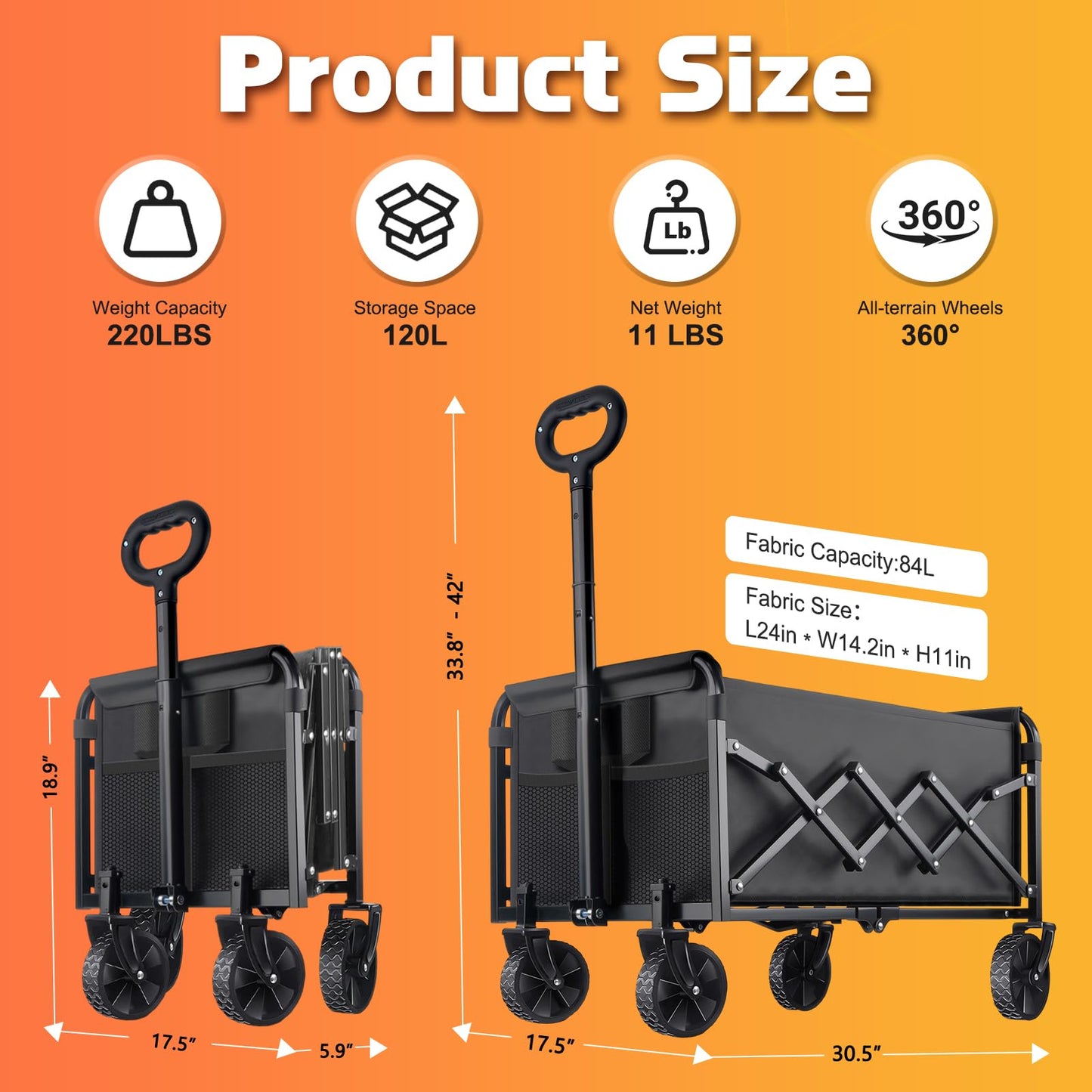 Collapsible Foldable Wagon Cart with Wheels - 220LBS Heavy Duty Folding Wagon Carts, Portable Lightweight Utility Wagon with All-Terrain Wheels & 2 Cup Holders, Grocery/Beach/Sports/Shopping/Black