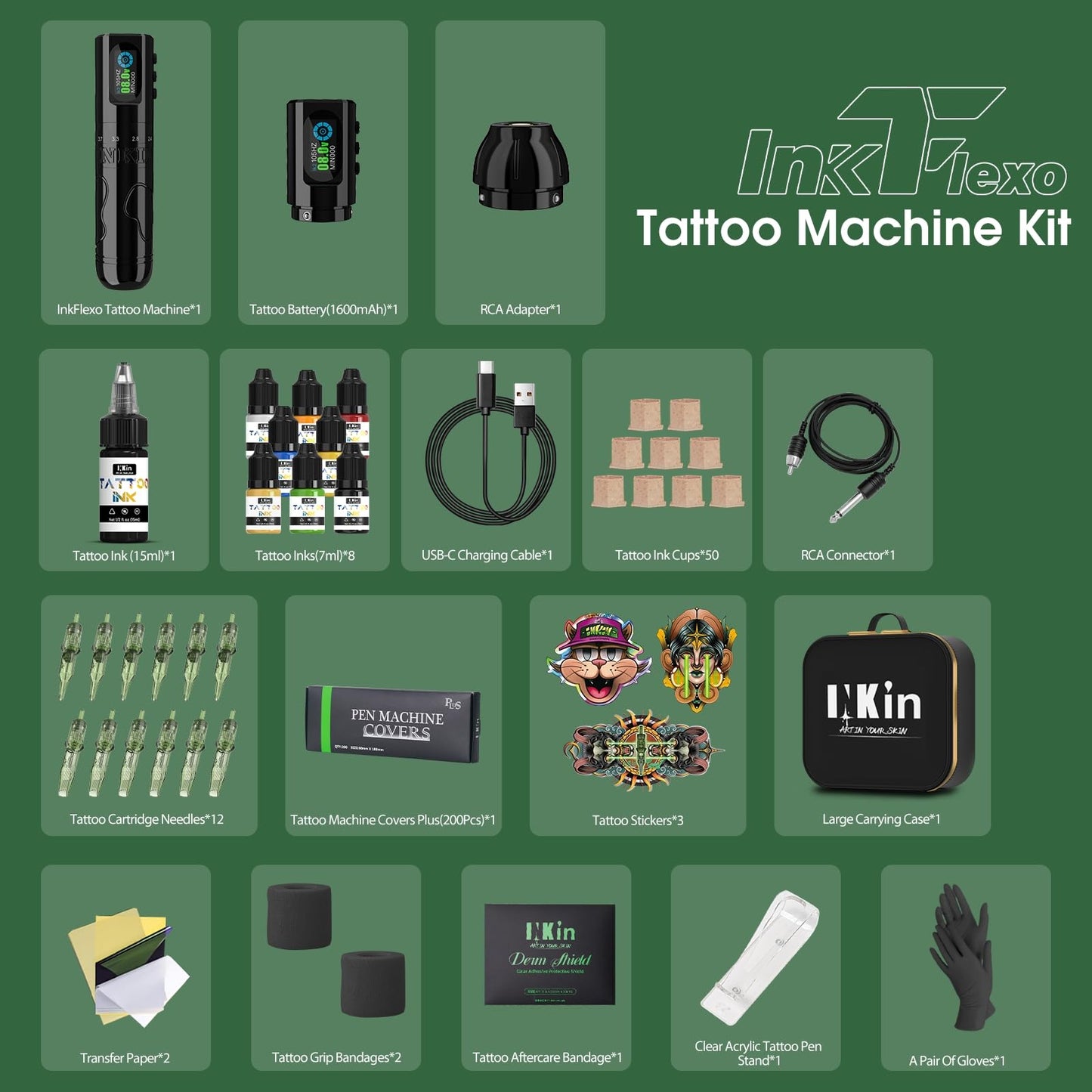 INKin Tattoo Gun Kit, Inkflexo Wireless Tattoo Machine with 2.0mm - 4.2mm Adjustable Stroke Length, Tattoo Machine Kit with 2Pcs Batteries 1600mah Power Supply and Revo Cartridge Needles Assorted