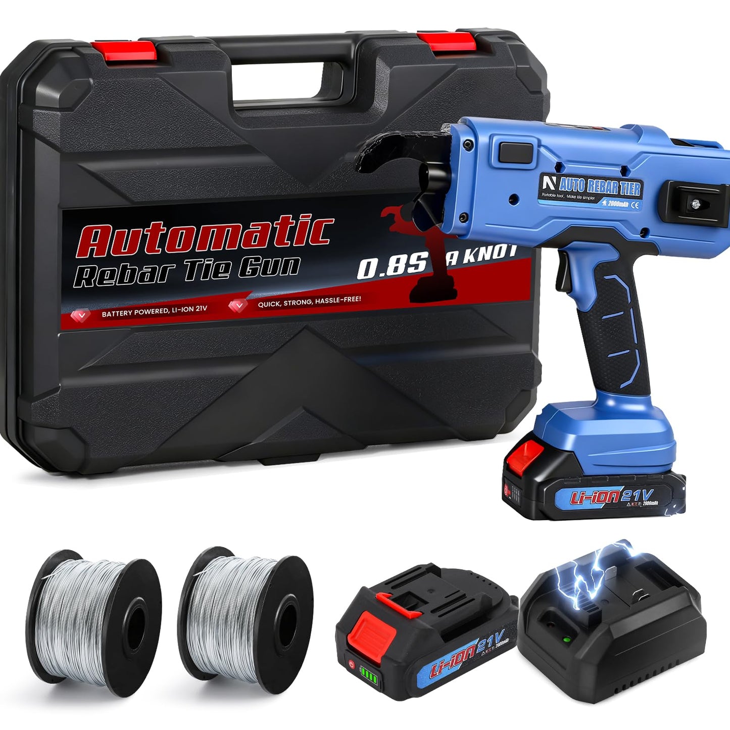 NEWTRY Professional Cordless Rebar Tie Gun, Automatic Rebar Tying Tool with 2pcs 2000mAh Batteries & 360ft Coil, for 0.3"-1.33" Steel Rebar, 21V Battery Powered
