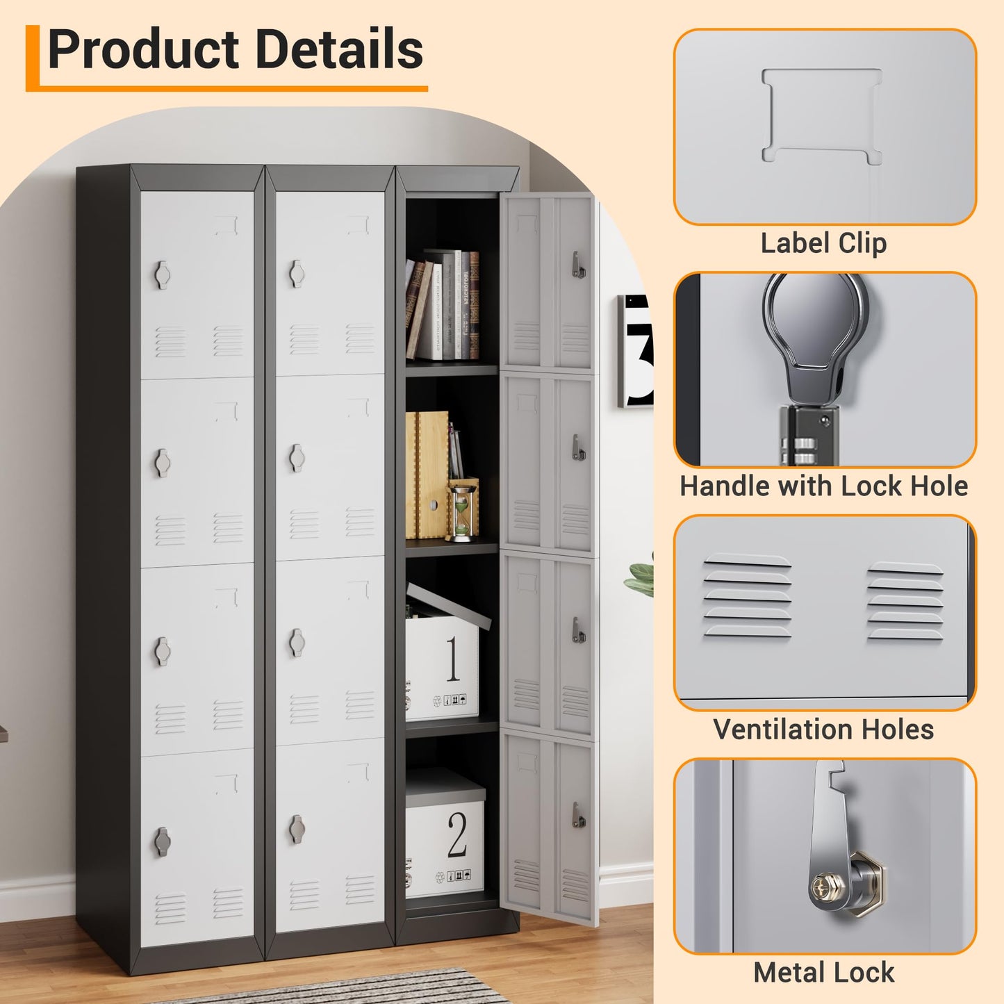 GarveeTech 72’’ Metal Storage Cabinet with 4 Door, Lockers for Employees Students with Shelves, Metal Storage Steel Locker for School Office Gym Home Warehouse, Assembly Required, Grey+Black