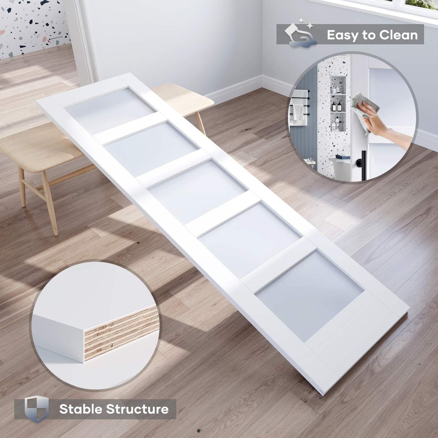 ROYMELO 32x84 Inch Glass Sliding Barn Door Slab and 5.5ft Hardware Kit Included, 5 Frosted Glass, LVL Wood Panel Covered with White Water-Proof Scratch-Proof PVC Surface, Simple DIY Assembly