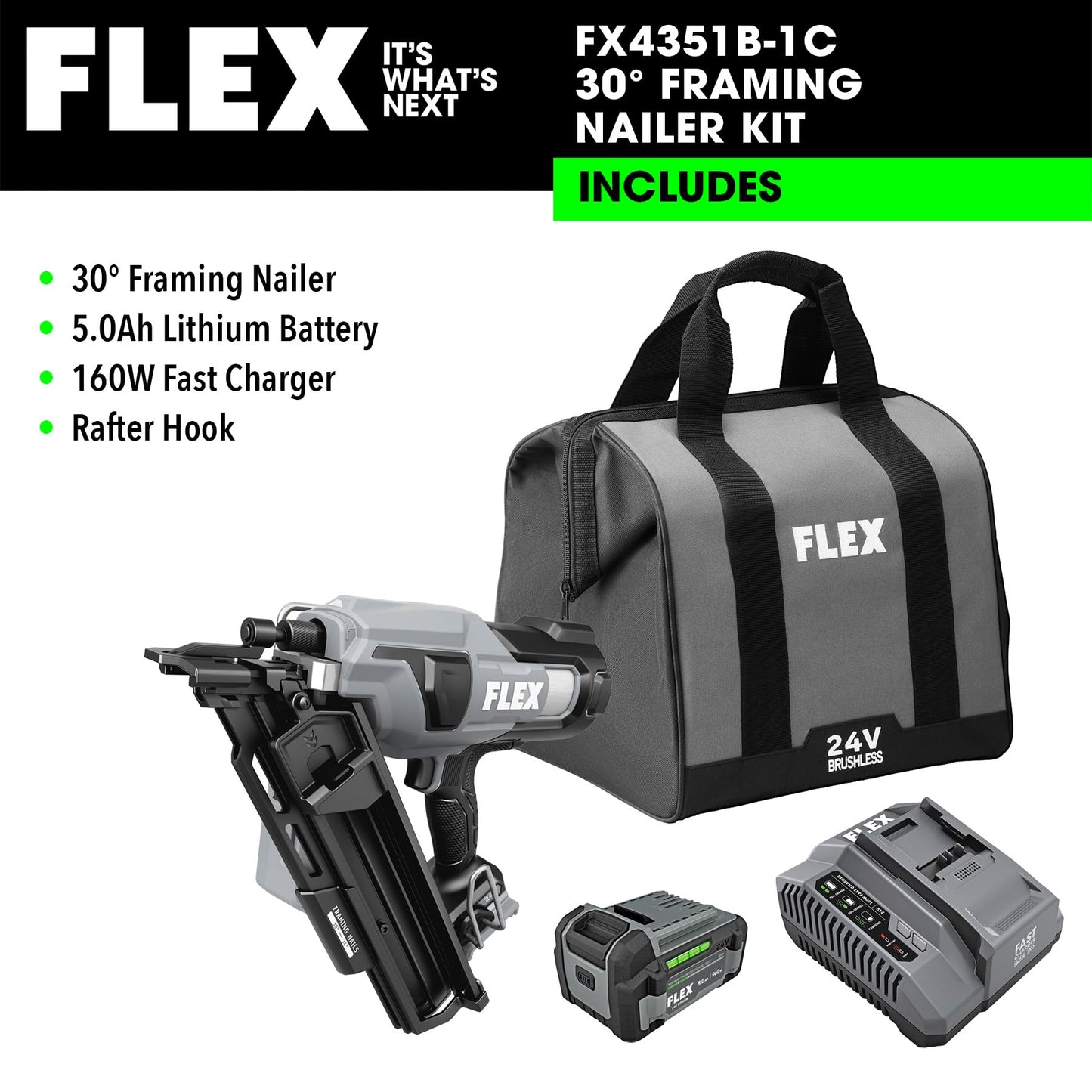 FLEX 24V Brushless 30° Framing Nailer Kit, Zero Ramp-up Time, 3 Nails/Sec, Ideal for Framing, Sheathing and Decking, w/ 5.0Ah Lithium Battery & 160W Fast Charger - FX4351B-1C