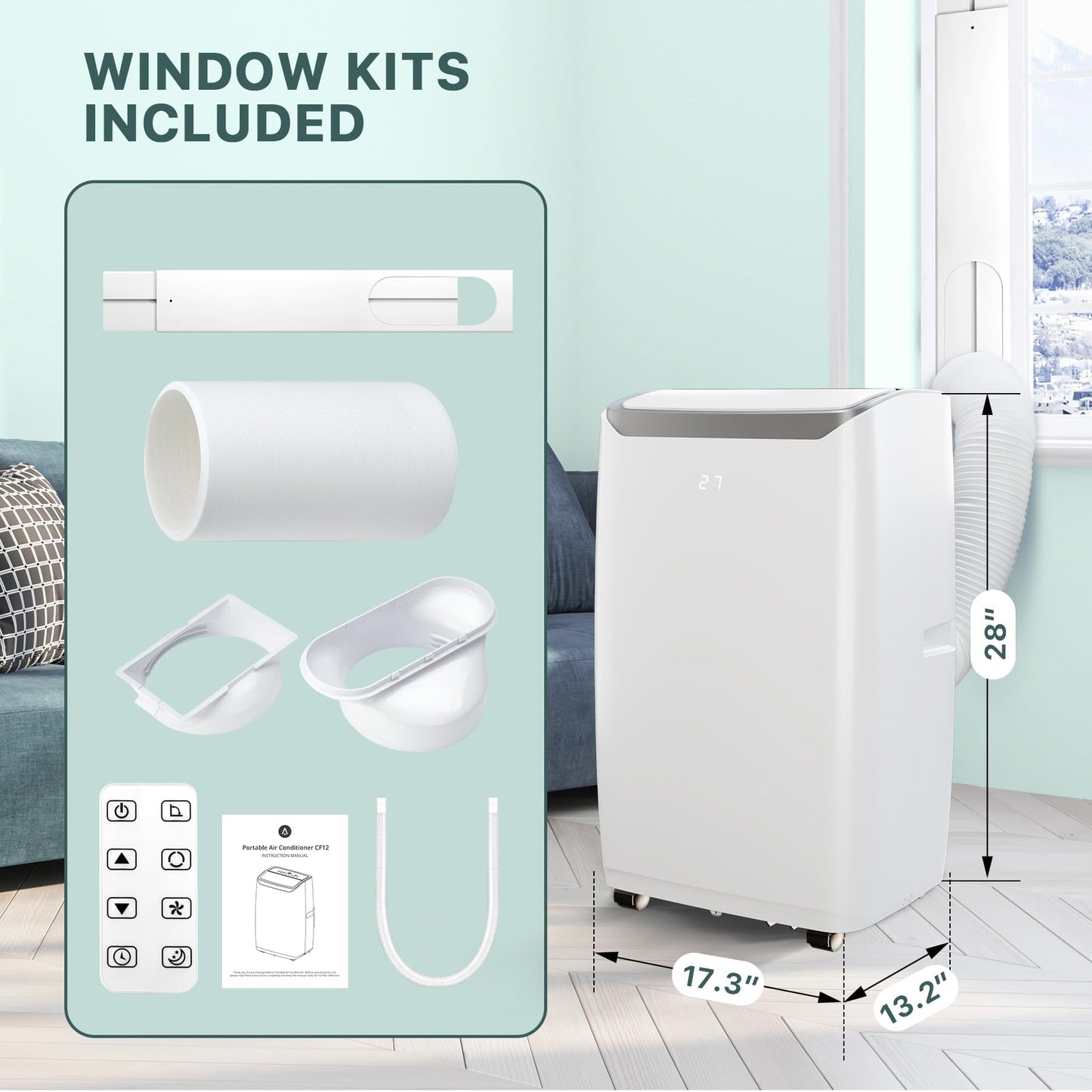 14000 BTU Portable Air Conditioner with White Body, Cooling, Dehumidifying & Fan Features, Quiet Operation for Large Rooms, 24-Hour Timer, Easy Setup & Energy Efficient