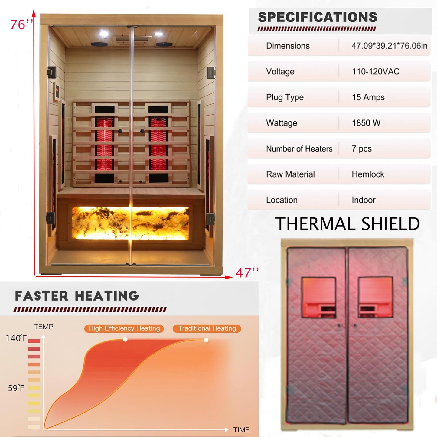 KUNSANA Ceramic Infrared Saunas 2 Person, Infrared Sauna with Red Light Therapy, Far & Near Infrared Sauna Indoor, Low EMF Infrared Sauna for Home, Deluxe Glass Home Sauna with Granite Backdrop