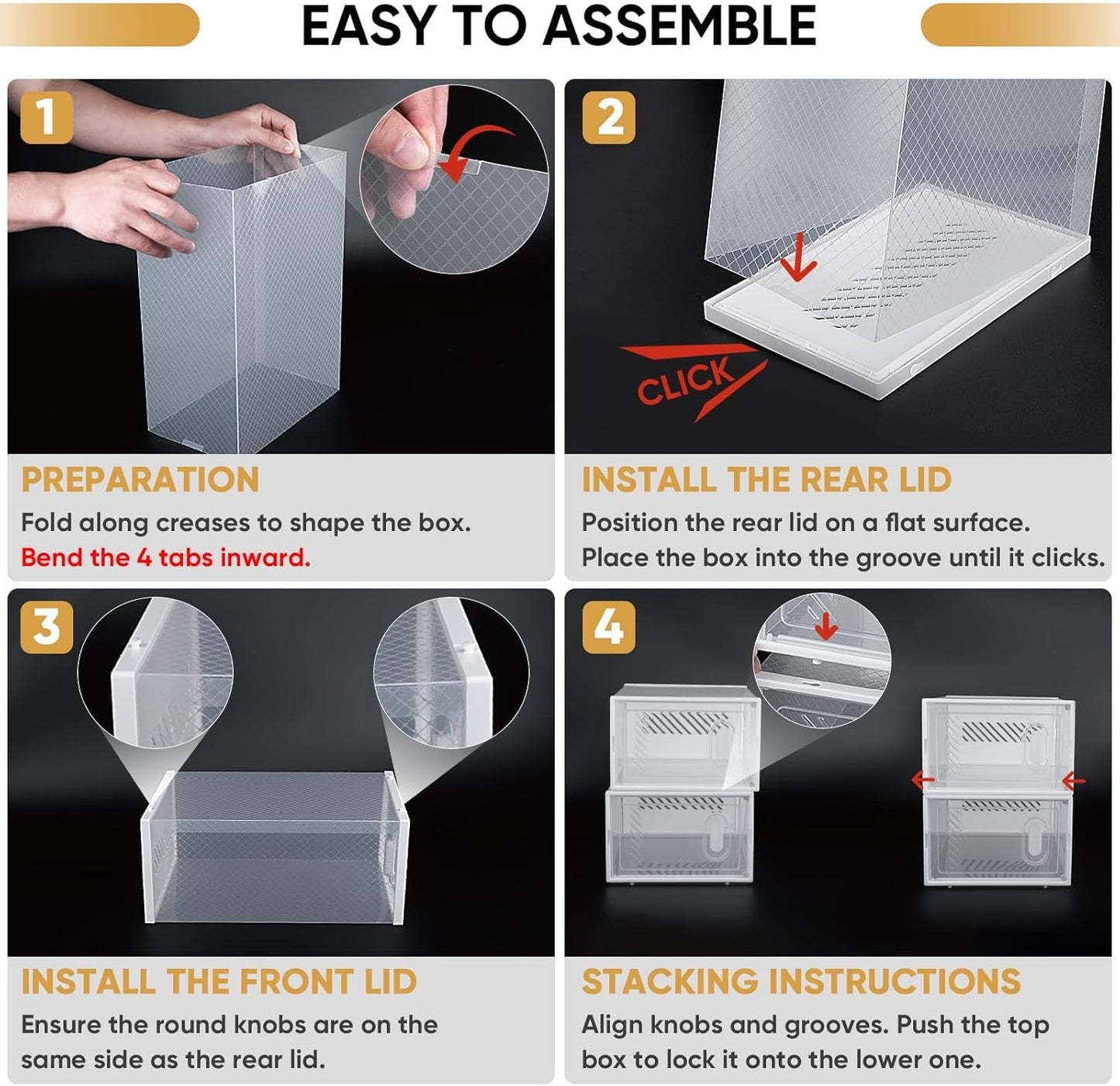 BALEINE Stackable Shoe Storage Boxes - 12 Pack Thickened Clear Plastic Bins with Lids | Large Black