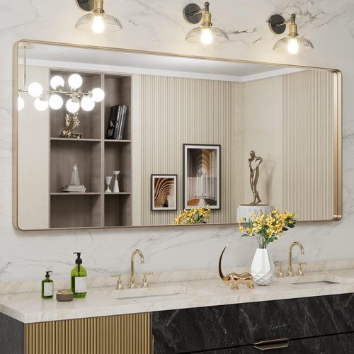 LOAAO Gold Bathroom Mirror - 72”x32” Rounded Rectangle Design | Wall-Mounted, Anti-Rust Tempered Glass