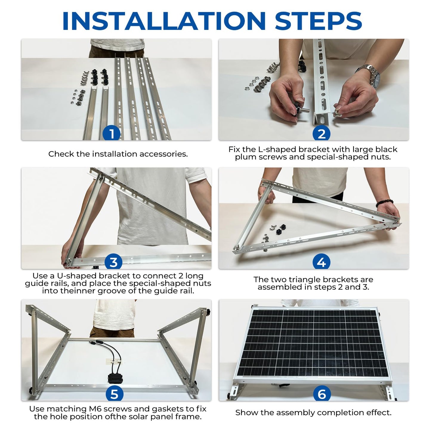 Solar Panel Mount Brackets, 2 Sets 45 inch Adjustable with Foldable Tilt Legs, Suitable for 2-4pcs 180 200 300 400 500 Watt Solar Panel for Roof, RV, Boat, and Off-Grid