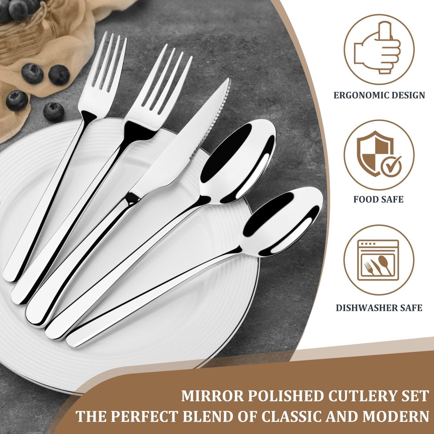 TAN REN Silverware Set for 8, 40-Piece Stainless Steel Flatware Sets, Heavy Duty Forks and Spoons Silverware Set with Dinner Knives, Mirror Polished Cutlery Sets, Dishwasher Safe Kitchen Utensils