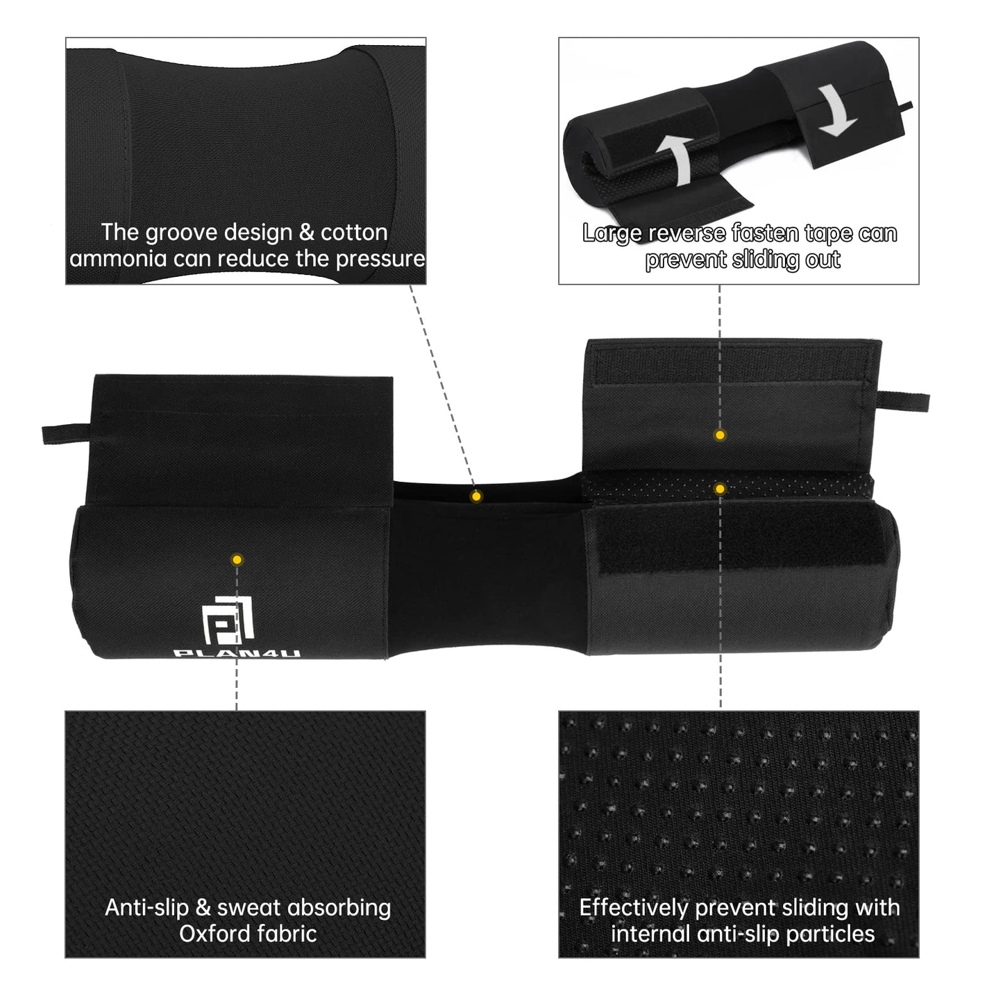 Plan4U Barbell Pad for Men, Squat Pad for Deadlifts/Bench Press, Shoulder/Neck Support, Weight Lifting Bar Cushion Workout Foam Hip Thrusts Foam Sponge Pad, Black