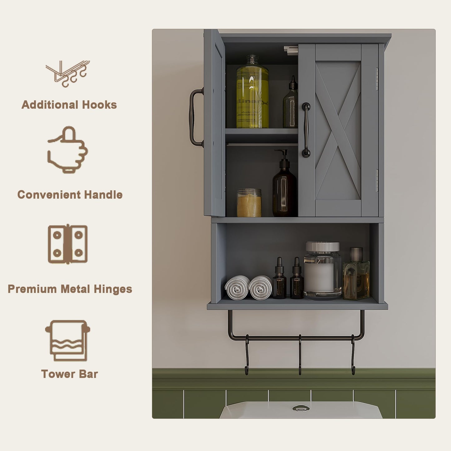 ChooChoo Farmhouse Medicine Cabinet, Bathroom Wall Cabinet with Adjustable Shelf, Towel Bar, 3 Hooks, Over The Toilet Storage Cabinet for Bathroom, Kitchen, Grey