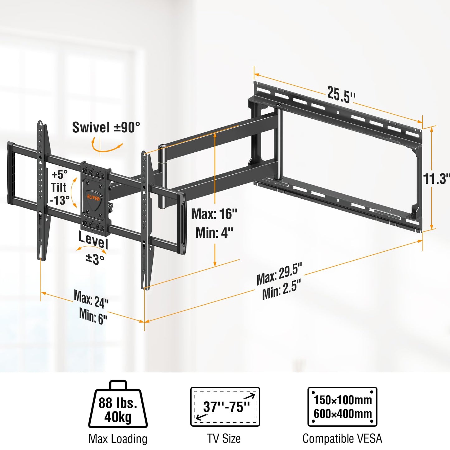 ELIVED Long Arm TV Mount for Most 37-75 Inch tv, Full Motion Wall Bracket with 29.5 inch Long Extension Articulating TV Wall Mount, Max VESA 600x400mm, Holds up to 88lbs, fits Wood Studs 12"-24".