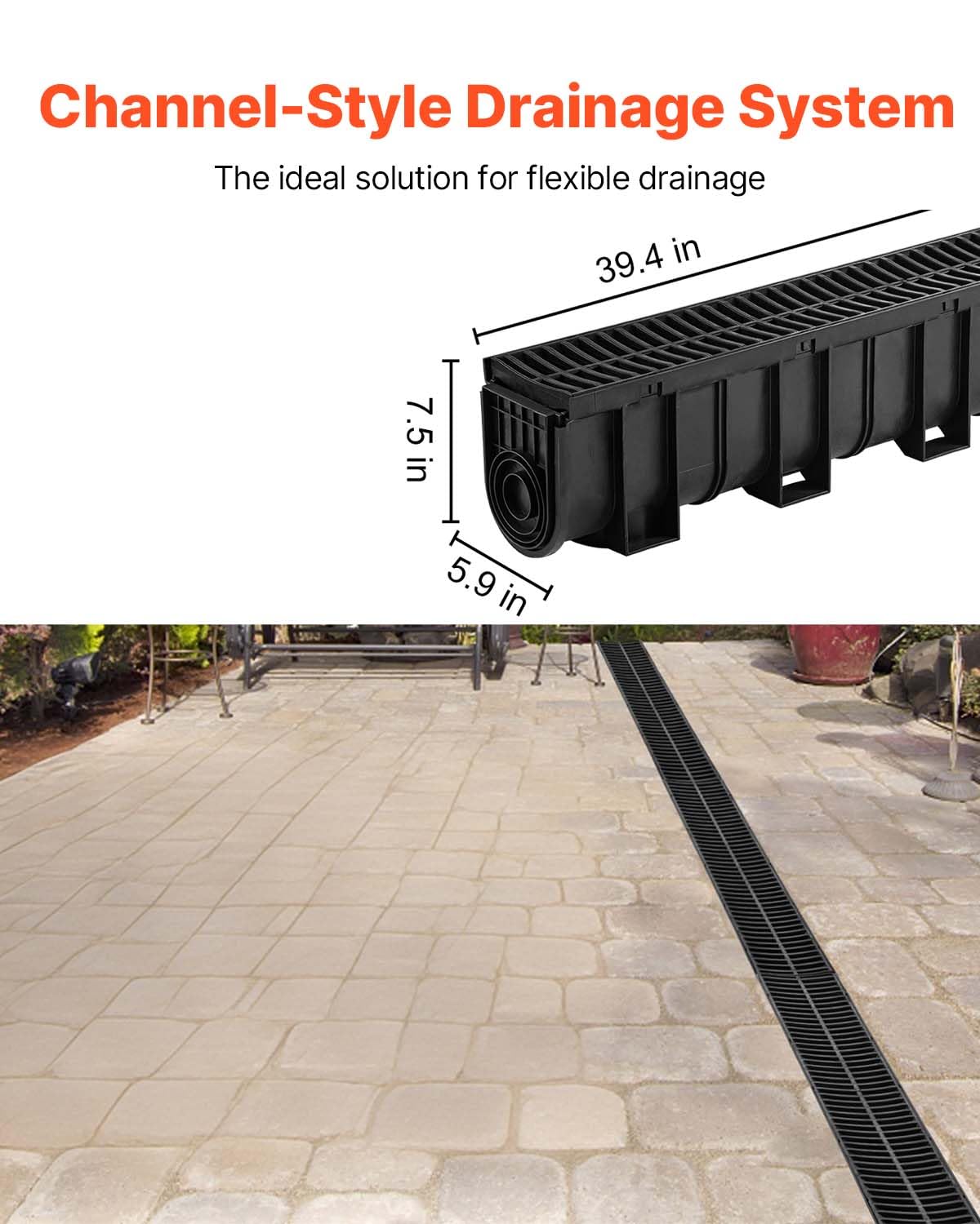 VEVOR Trench Drain System 4 Pack, Channel Drain with Plastic Grate 5.9 x 7.5 in HDPE Drainage Trench, Black Plastic Garage Floor Waterway 4 x 39 in with 4 End Caps for Garden Driveway