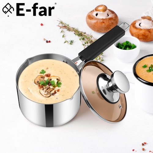 E-far 1 Quart Sauce Pan with Lid, Stainless Steel Tri-Ply All Clad Small Cooking Pot with Pour Spout, Multipurpose Induction Saucepan & Stay-Cool Handle, Compatible with All Cooktops, Dishwasher Safe