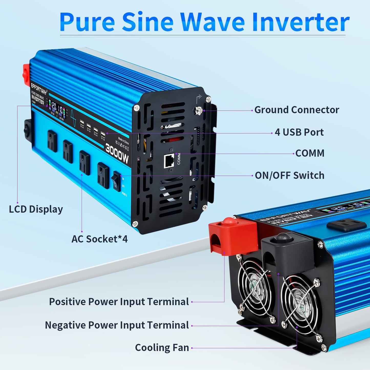 3000w Pure sine Wave Inverter DC 12V to AC 110V/120V Converter, 6000w (Peak) with LCD Display, Wireless/Wired Remote Control, 4AC outlets and 4USB.Ideal for Camping, RV Travel, Off-Grid Solar Systems