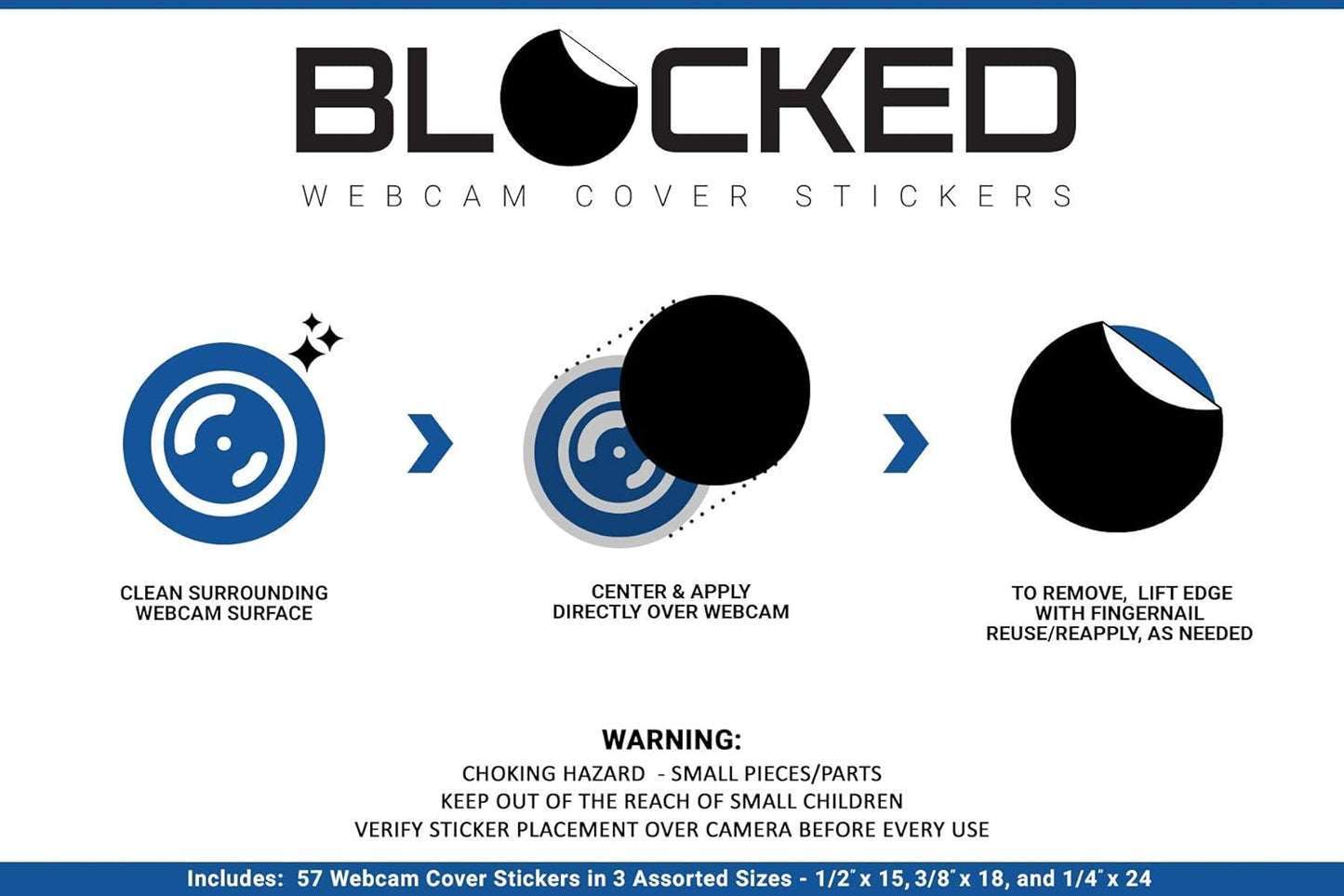 MyCamShield 57-Pack BLOCKED Webcam/Camera Vinyl Covers | Low-Tack Restickable Webcam Sticker | Multiple Sizes | Black