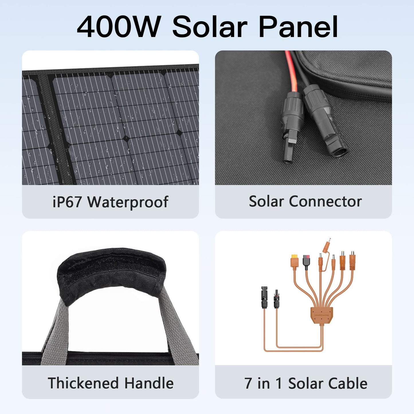 400W Portable Solar Panel, Lightweight Foldable Solar Panels Complete with an Adjustable Kickstand, IP67 Waterproof Solar Charger for Outdoor Camping, Portable Power Station, Motorhome, RV
