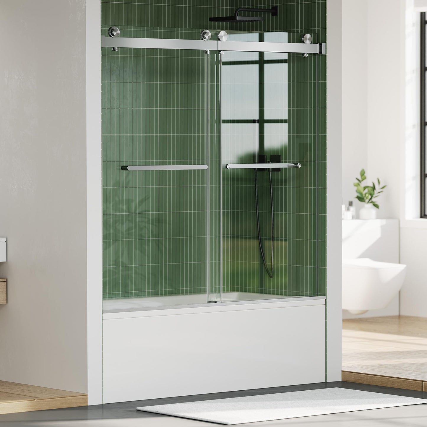 Frameless Bathtub Shower Door 56–60 inch W × 59 inch H, Sliding Tub Shower Door, 6mm Tempered Glass, Square Stainless Steel Track, Brushed Finish, Adjustable Bathroom Shower Door