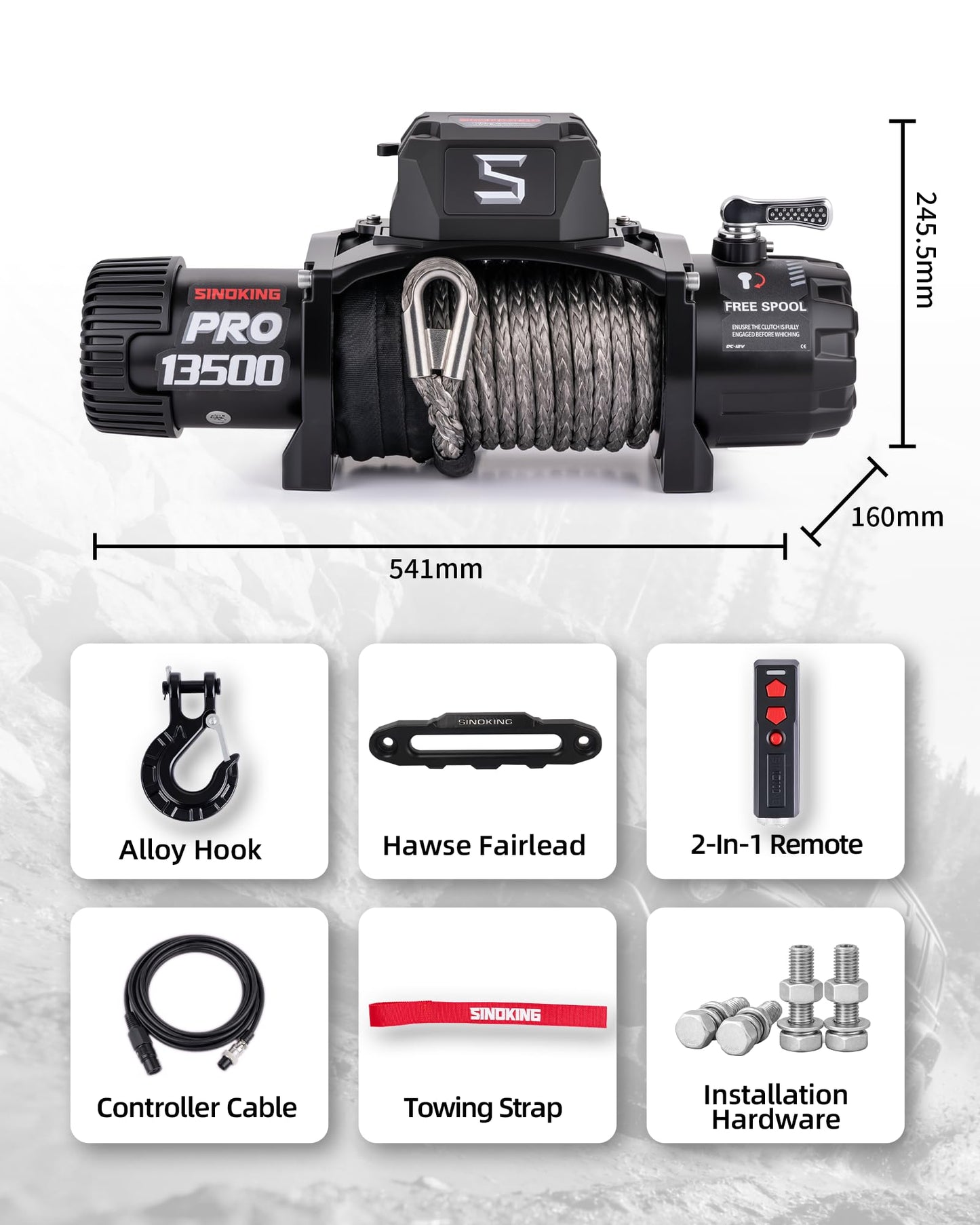 SINOKING PRO Series 13500 lb Electric Winch, 12V Towing Winch, Synthetic Rope, 2-in-1 Wired/Wireless Remote, Waterproof IP67, 7 HP Motor for Jeep, SUV, Truck & Trailer