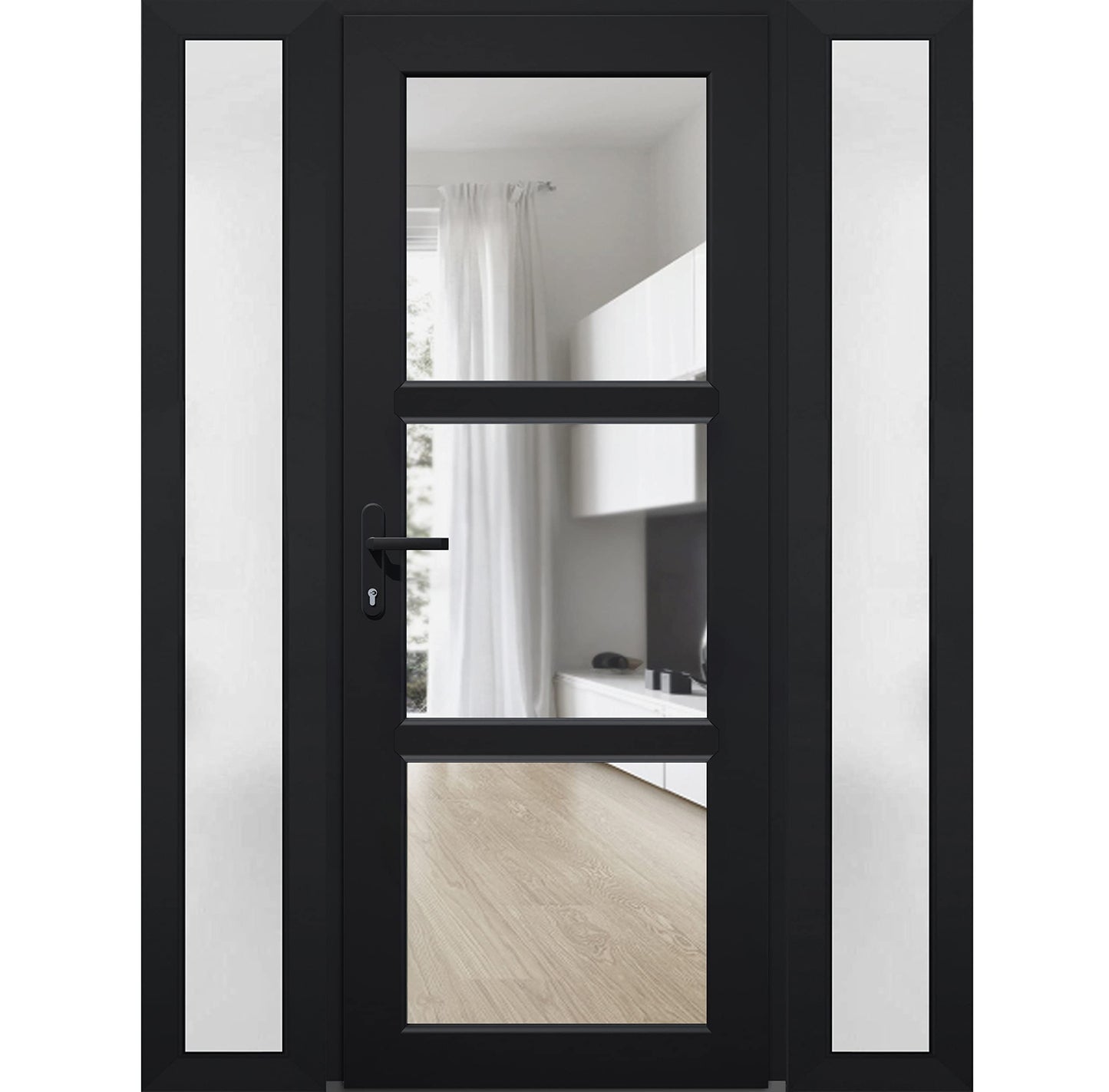 VDOMDOORS Front Exterior Prehung Fiberglass Door Clear Glass/Manux 8555 Matte Black Clear Glass / 2 Side Exterior Windows / W16+36+16 x H80-Right-hand Inswing