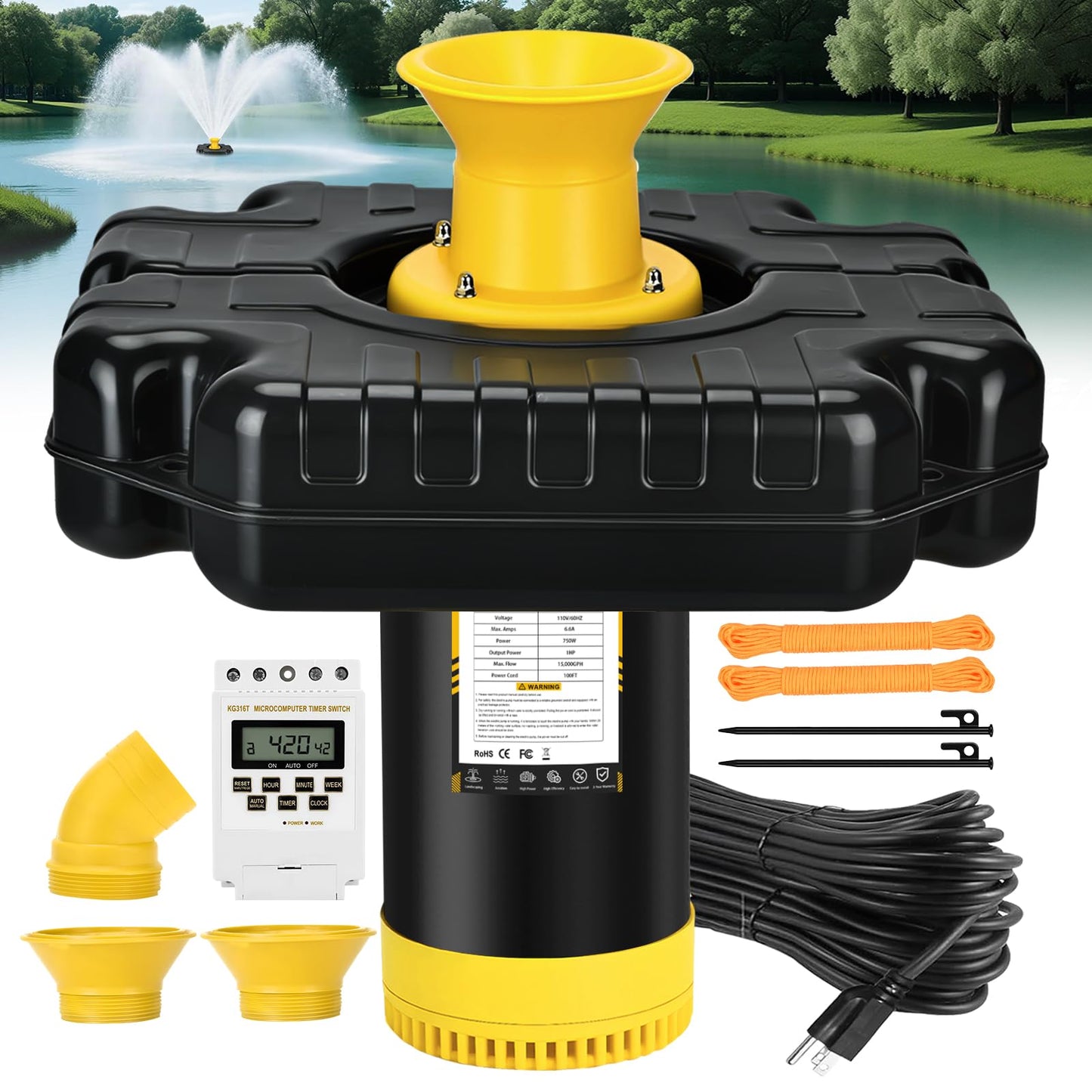 Burnvale Pond Fountain Aerator, 1HP 110V 750W 15000 GPH Floating Aerating Fountain Pump with 100 FT Power Cord, Timer, 2 x 100 FT Traction Rope, Powerful Lake Pond Aerator for Larger Ponds, Lakes