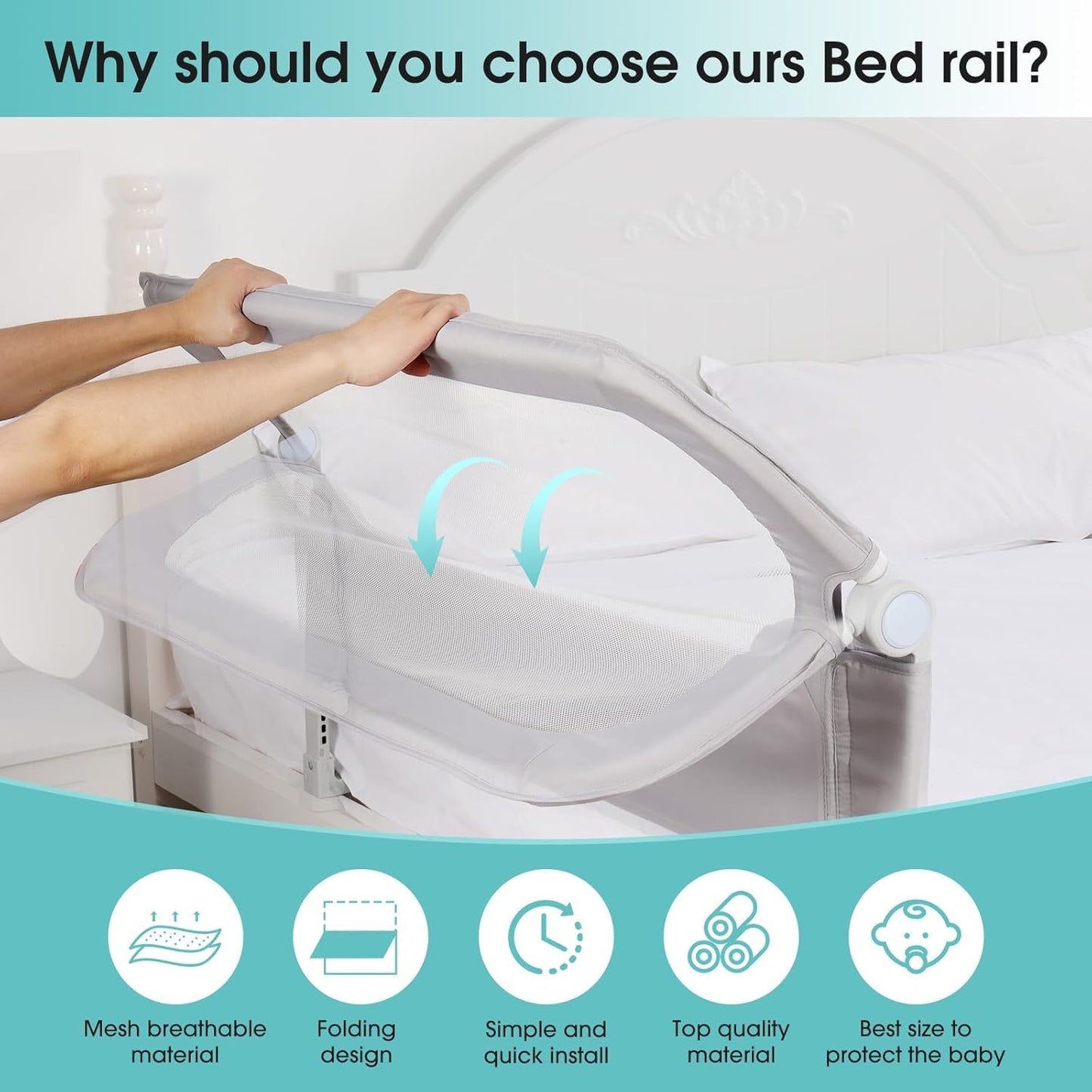 NUTIKAS Toddler Bed Rail Guard - 47" Extra Tall Safety Side Railing for Twin, Full, Queen Beds