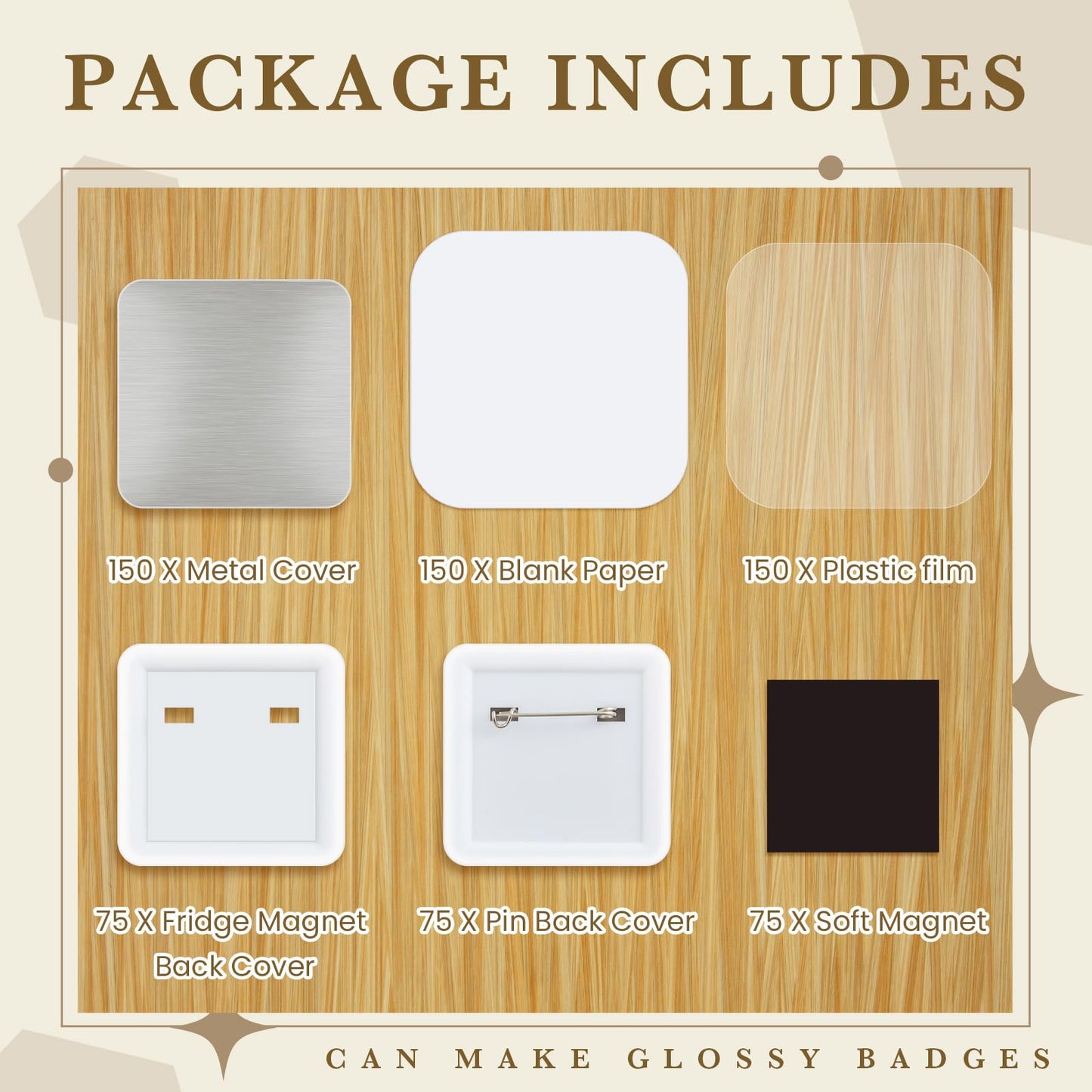 Wavwavw 150 Sets 50mm/1.97 Inch Square Button Maker Supplies, 75 Pcs Blank Fridge Magnet Badge Parts and 75 Pcs Pin-Back Badge Parts Press for Square Button Maker Machine, DIY Gift Crafts