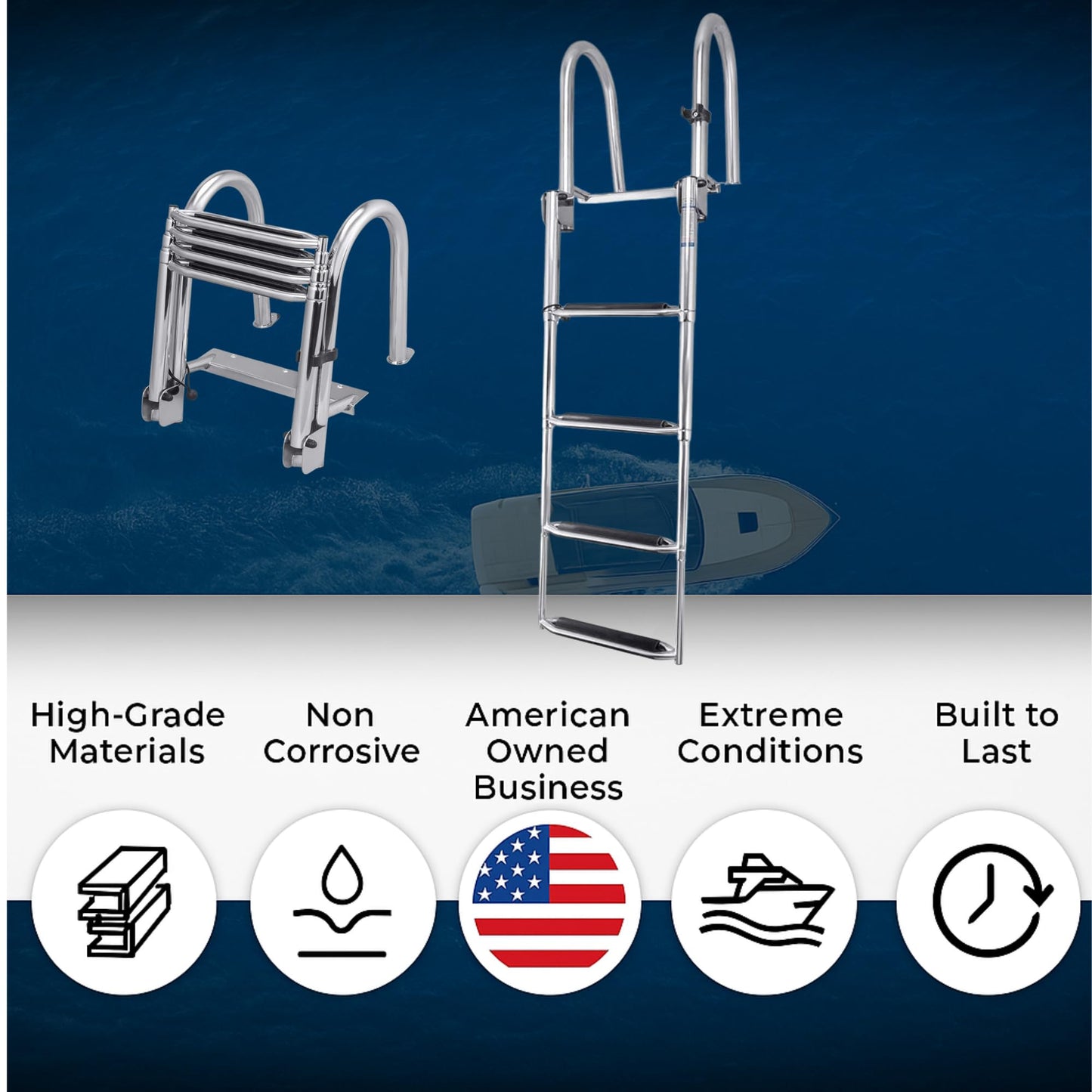 White Water – 4-Step Rear Entry Pontoon Boat Ladder with Extra-Wide Steps | 304 Stainless Steel Folding Design, Handrails, 400 lb Capacity | OEM Trusted, Fully Assembled