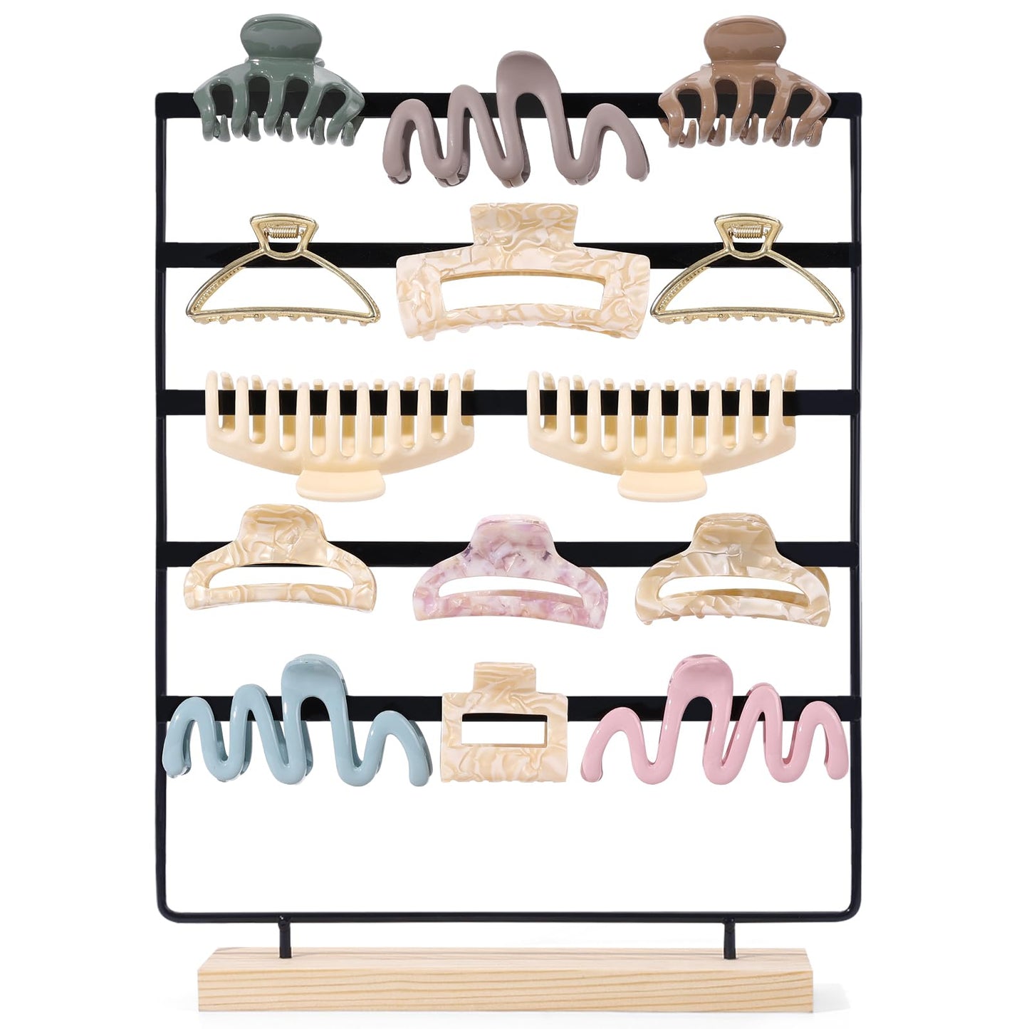 SNOWSTAR Hair Claw Clip Holder Organizer - 5 Tier Iron Rod Hair Clip Holder Storage for Women Girls, Wood Base Desktop Organizer