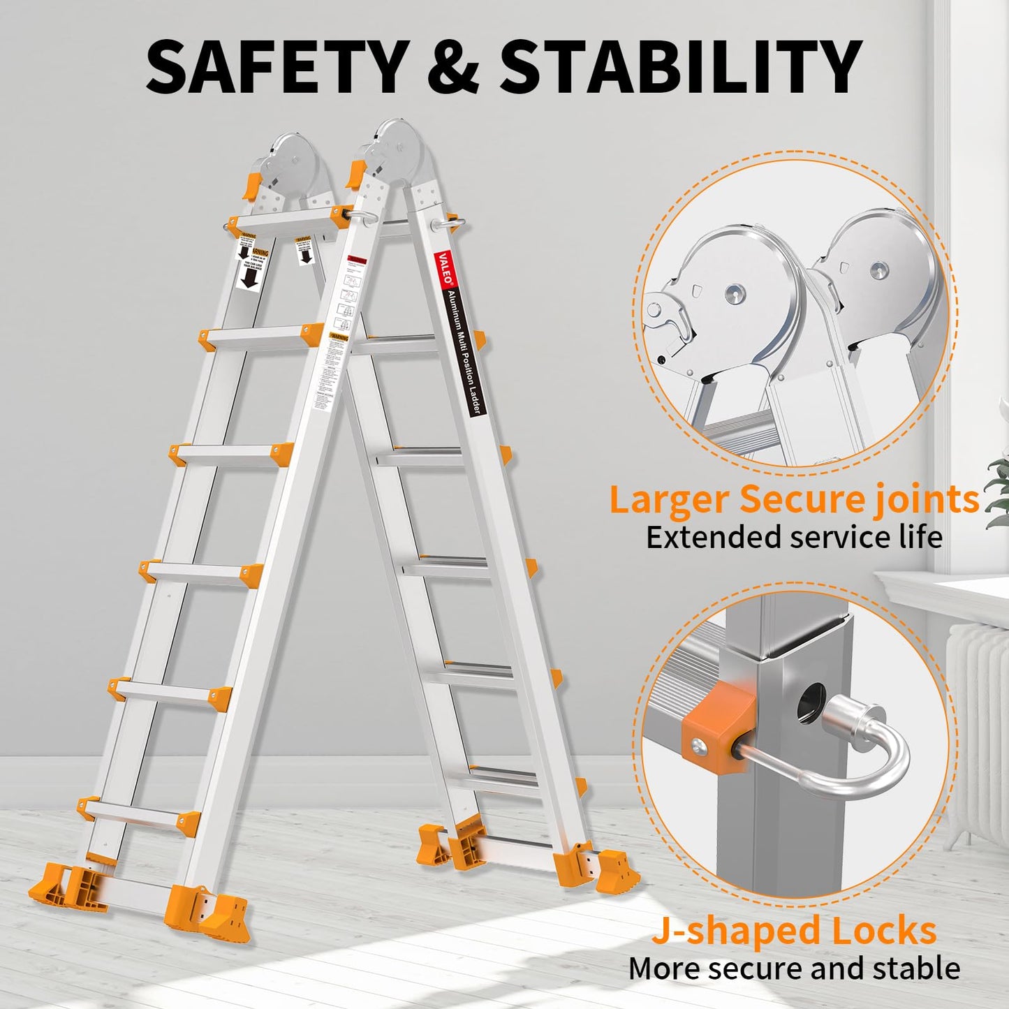 Valeo Ladder 22FT, Multi Position 6 Step Ladder Extension, Anti-Slip A Frame Folding Ladder with Removable Tool Tray, 330lbs Adjustable Telescopic Aluminum Ladders for Stairs Home Indoor Outdoor Roof
