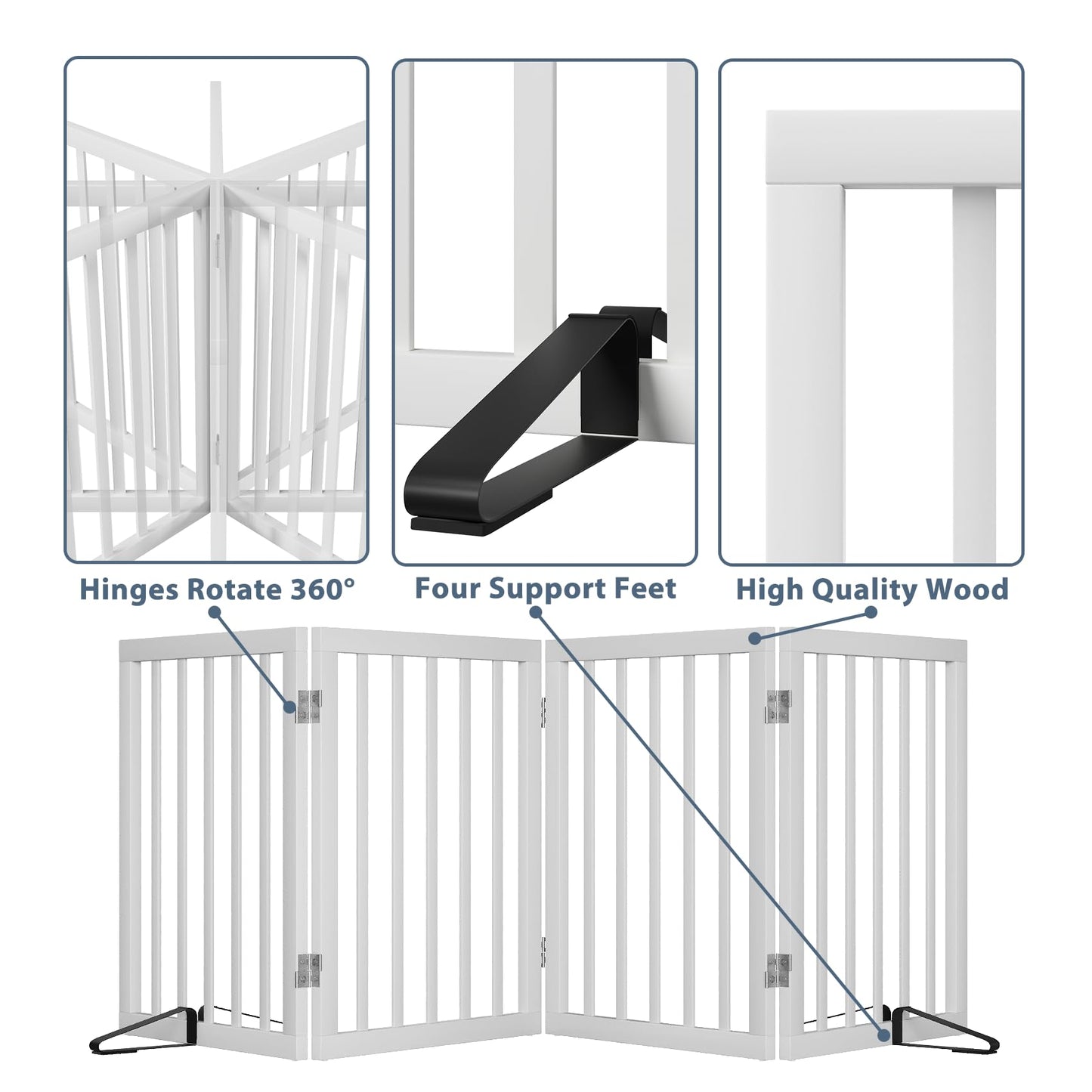 Wooden Dog Gate Freestanding Foldable Pet Gate 4 Panel Fully Assembled Dog Gates for Doorways House Stairs