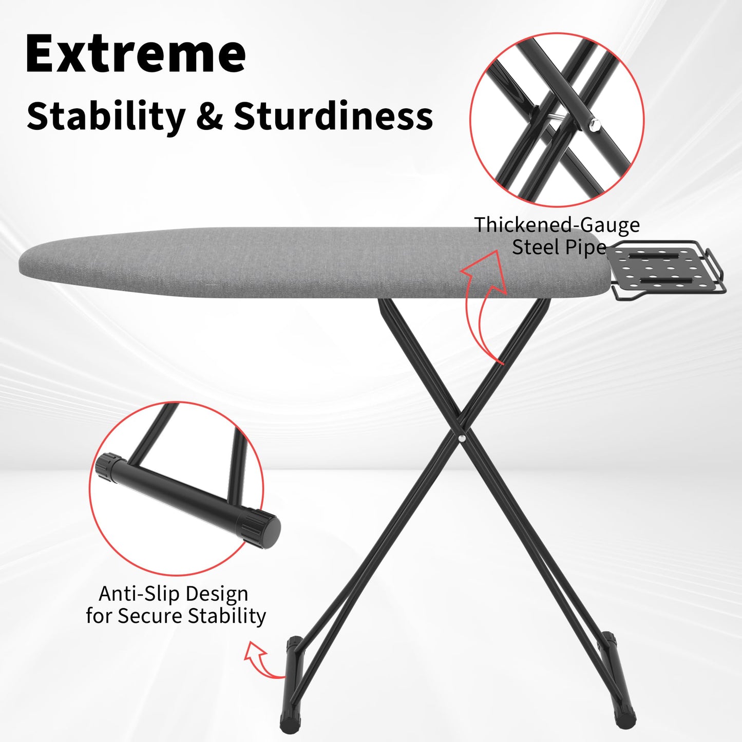 DIAMONDFORGE Ironing Board with Porous Iron Rest, 7 Adjustable Heights, 43" x 13", 3-Layer Heat-Resistant Cover & Pad for Home Laundry, Gray