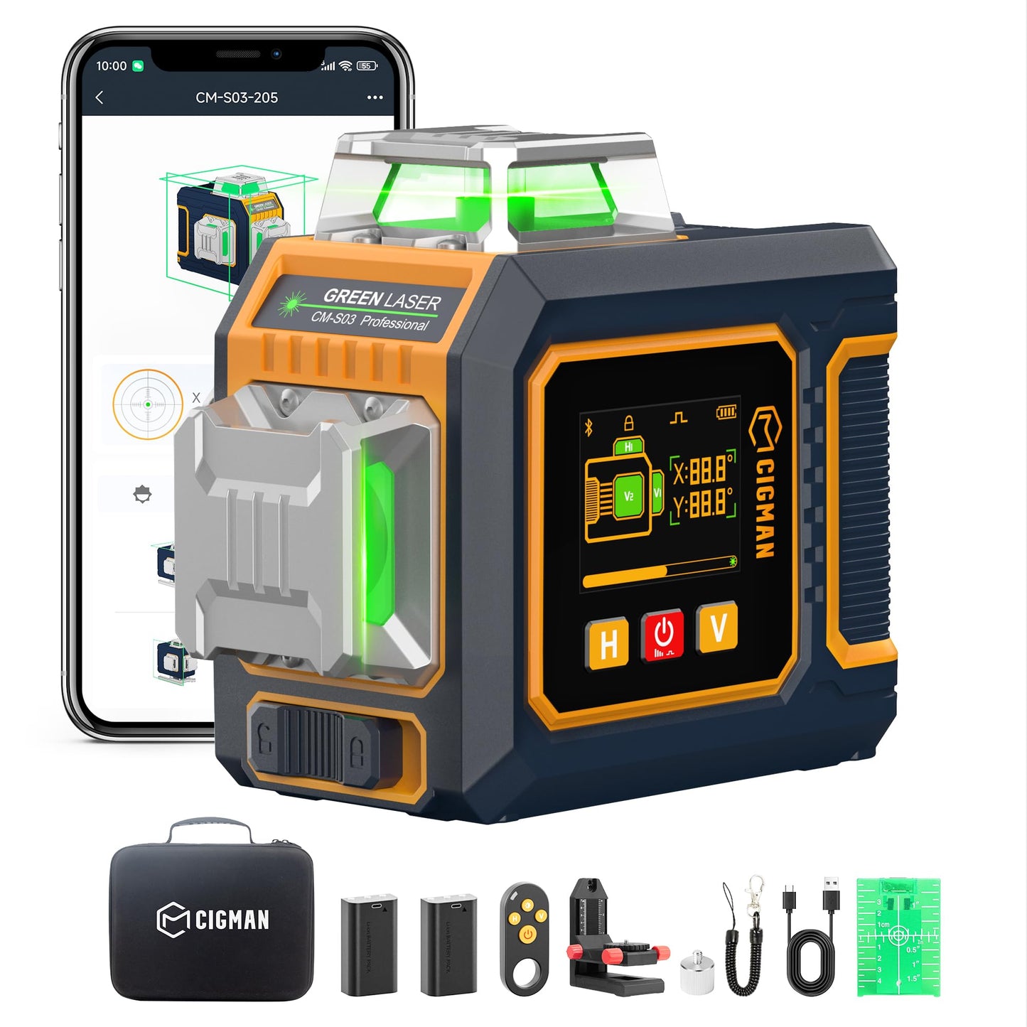 CIGMAN Green Laser Level, 3x360° Side LCD 12-Line Self-Leveling, Bluetooth App Remote, Pulse Mode for Receiver, ±1/8 in. at 33 ft Accuracy, 2x Li-ion (USB-C), 1/4-20 Mount, IP54, ABS Hard Case - S03