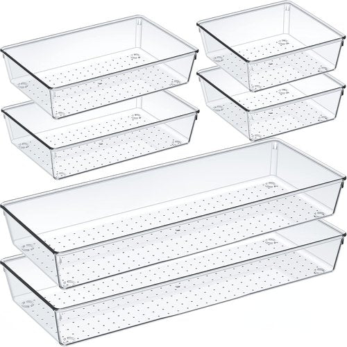 Criusia Clear Drawer Organizer Set - 6 Large Acrylic Trays for Kitchen, Bathroom & Office Storage