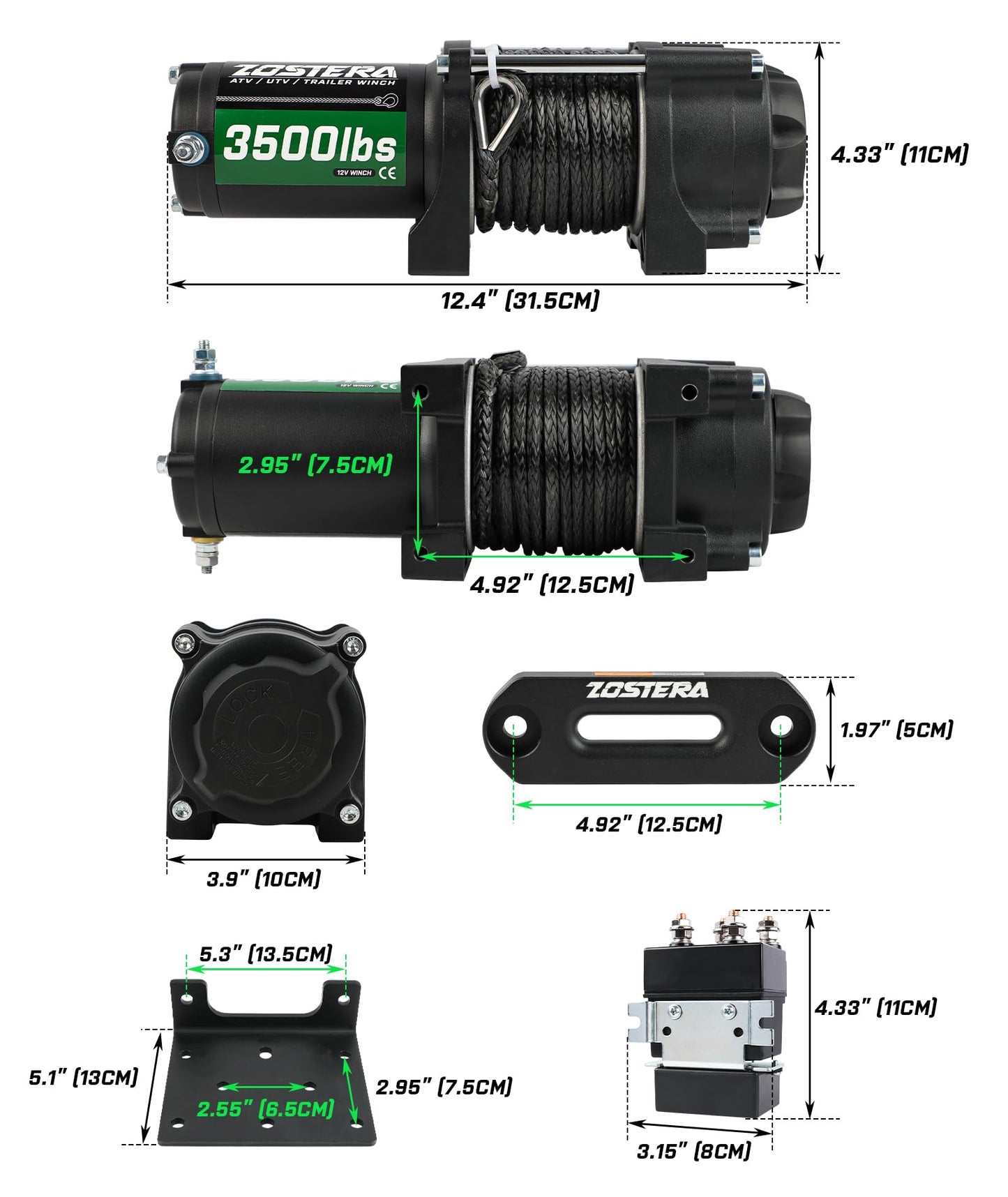 Zostera 3500lbs ATV/UTV Winch with Synthetic Rope, Electric Boat Trailer Winch 12V, Waterproof Winch with 2 Wireless Remotes &Wired Switch,with Mounting Plate,Pulley,Rope Damper,Aluminium Fairlead