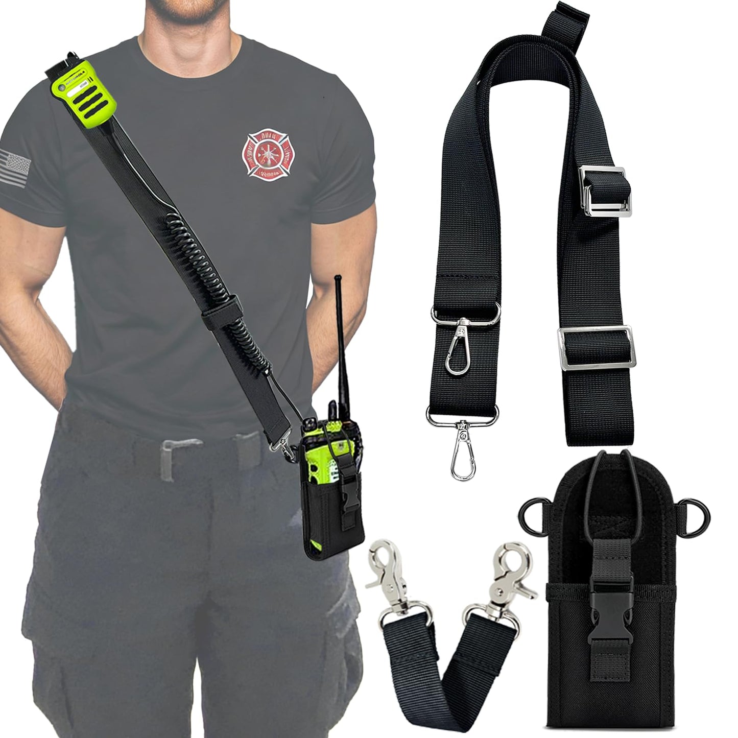 Juecstr Firefighter Radio Holster Set, Includes Adjustable Wide Radio Strap, Metal Clips and Moveable Mic Holder. Anti-Sway Strap for Fires, Auto Accidents, Medical Calls