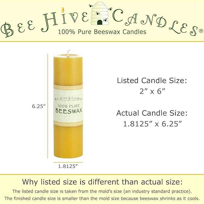 100% Pure Beeswax Pillar Candle (2" x 6") | Natural Beeswax Candles | Soy, Paraffin & Fragrance Free | Handmade in The USA