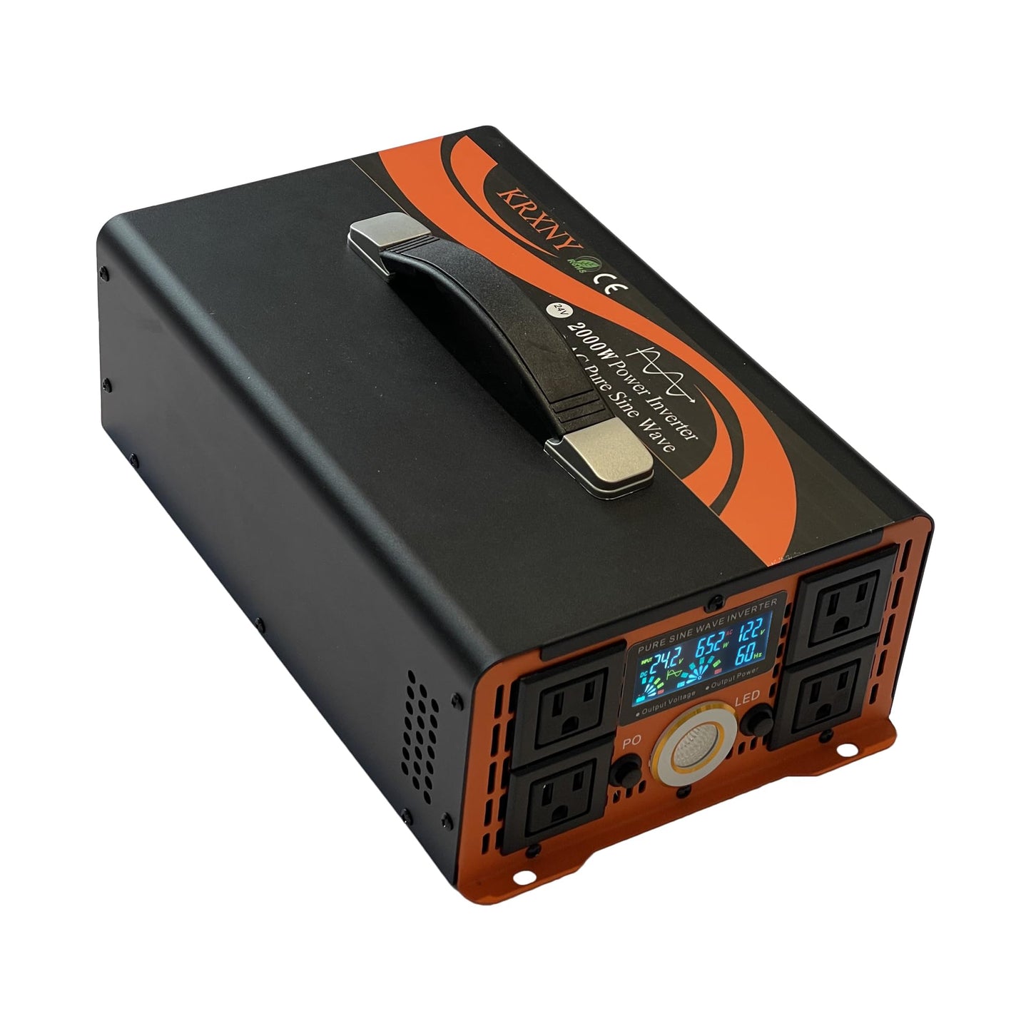 KRXNY 2000W Power Inverter Converter 24V DC to 110V 120V AC Pure Sine Wave LCD Display for Car Truck RV Camping Off Grid Home Solar System with Handle