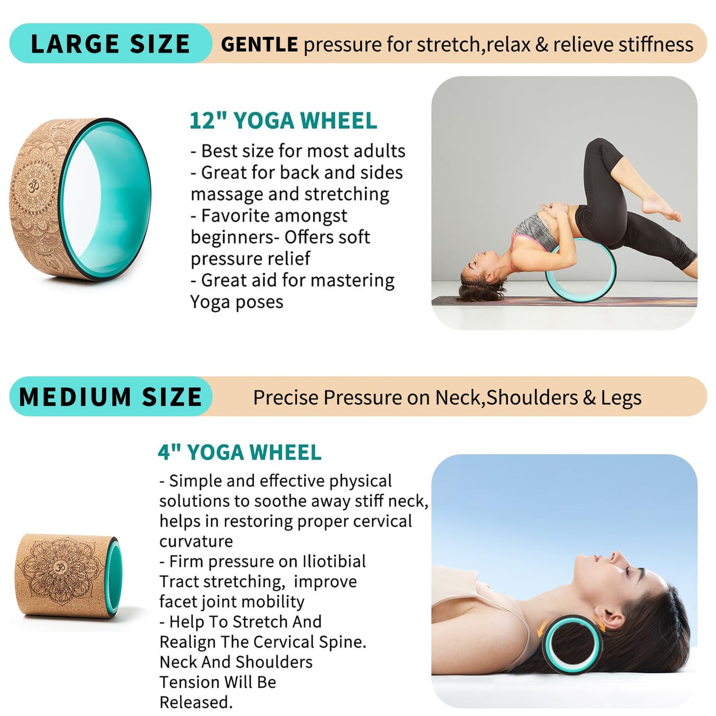 Yoga Wheel Set, Upgraded Back Wheels for Pain Relief & Stretching, Strongest Back Roller for Deep Tissue Massage, Improving Yoga Poses Backbend (CORK)